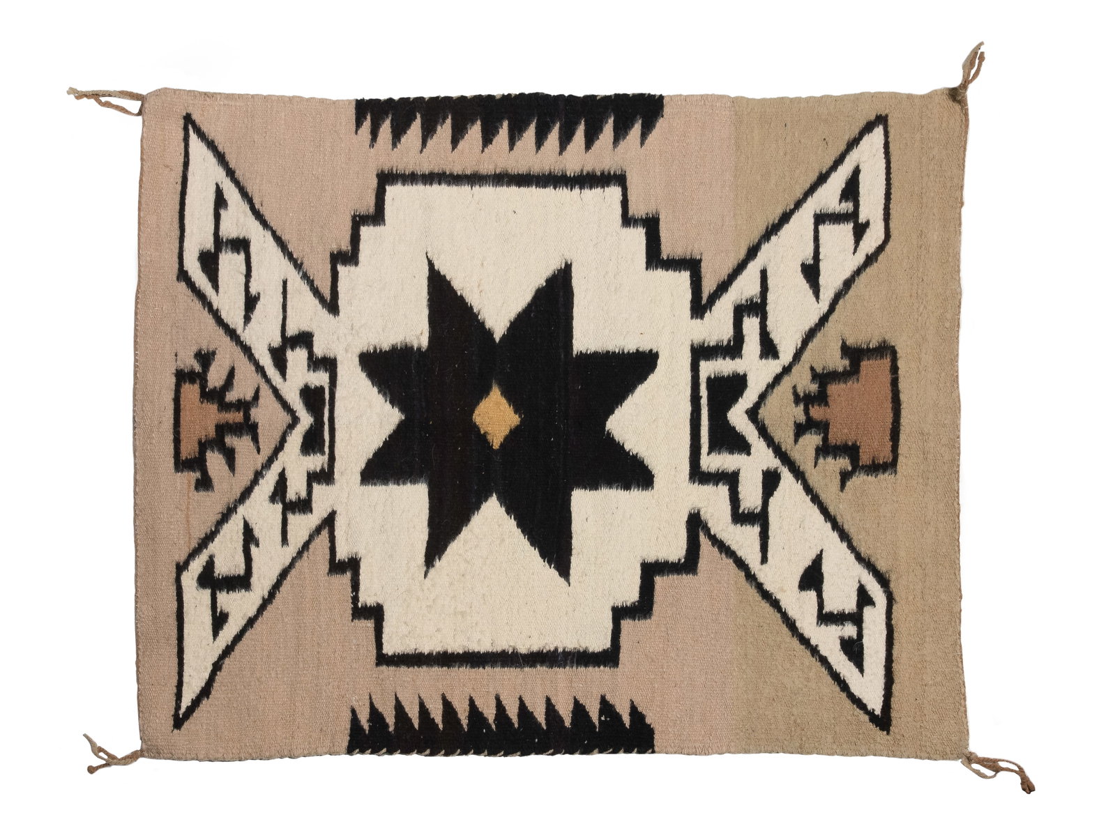 Native American Navajo Two Grey Hills Wool Mat: Native American Navajo Two Grey Hills Wool Mat A hand-woven flat wool rug / mat having a central eight-pointed black star, in hues of black and gold-tone and cream on a tan field Property from: a