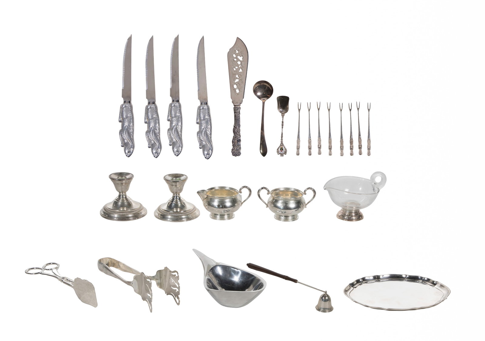 Sterling Silver and European Silver (800) Object Assortment: Sterling Silver and European Silver (800) Object Assortment Including a serving spoon and (8) pickle forks (marked '925' / 'sterling') and a souvenir spoon (marked' 800' silver), weighted items