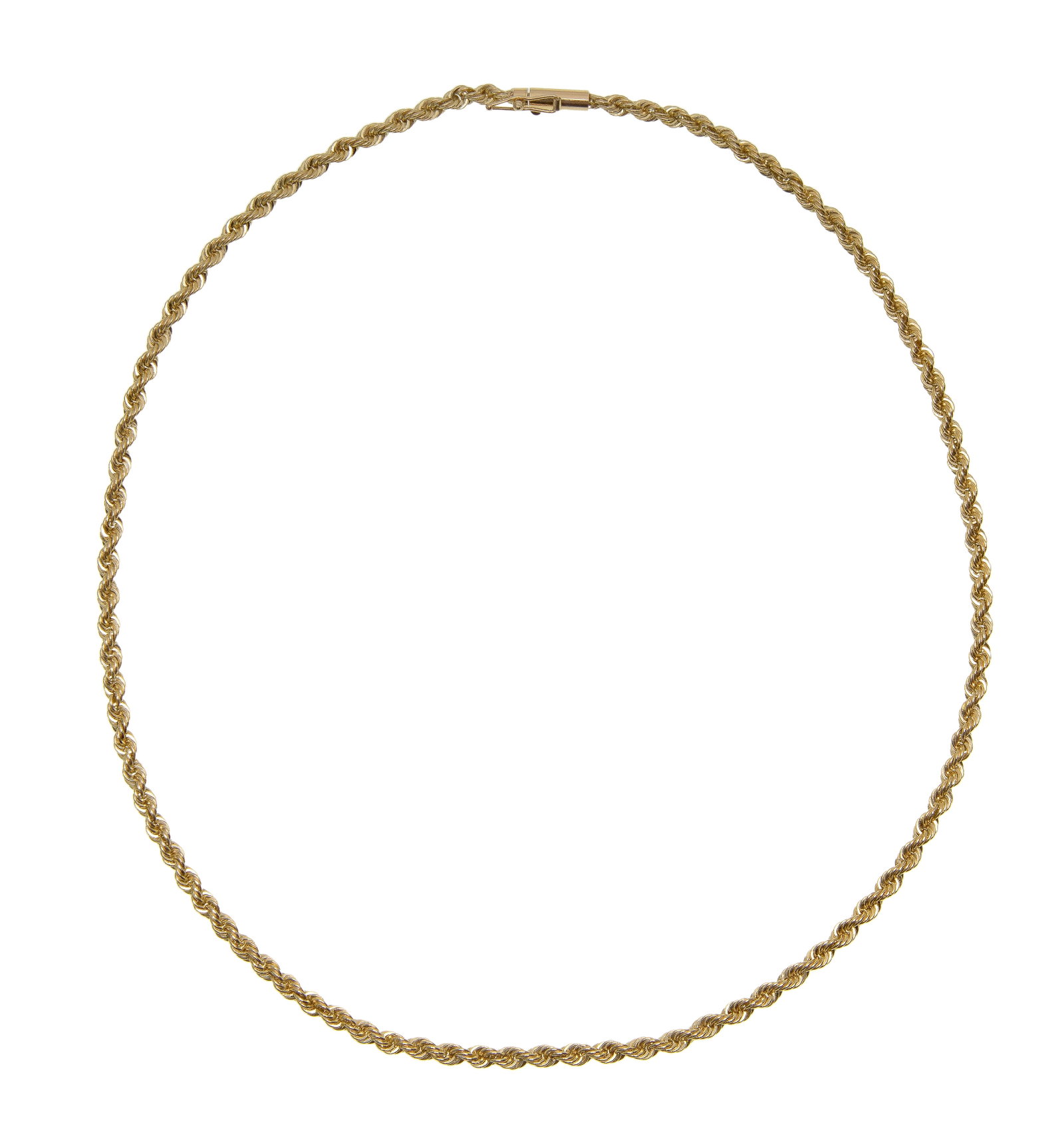 14k Yellow Gold Twisted Rope Necklace: 14k Yellow Gold Twisted Rope Necklace (marked '14k' on tongue of clasp) Property from: an Estate, Burr Ridge, Illinois Length: 15 inches Weight: 14k gold: 8.75 dwts. (total) Condition: overall light w