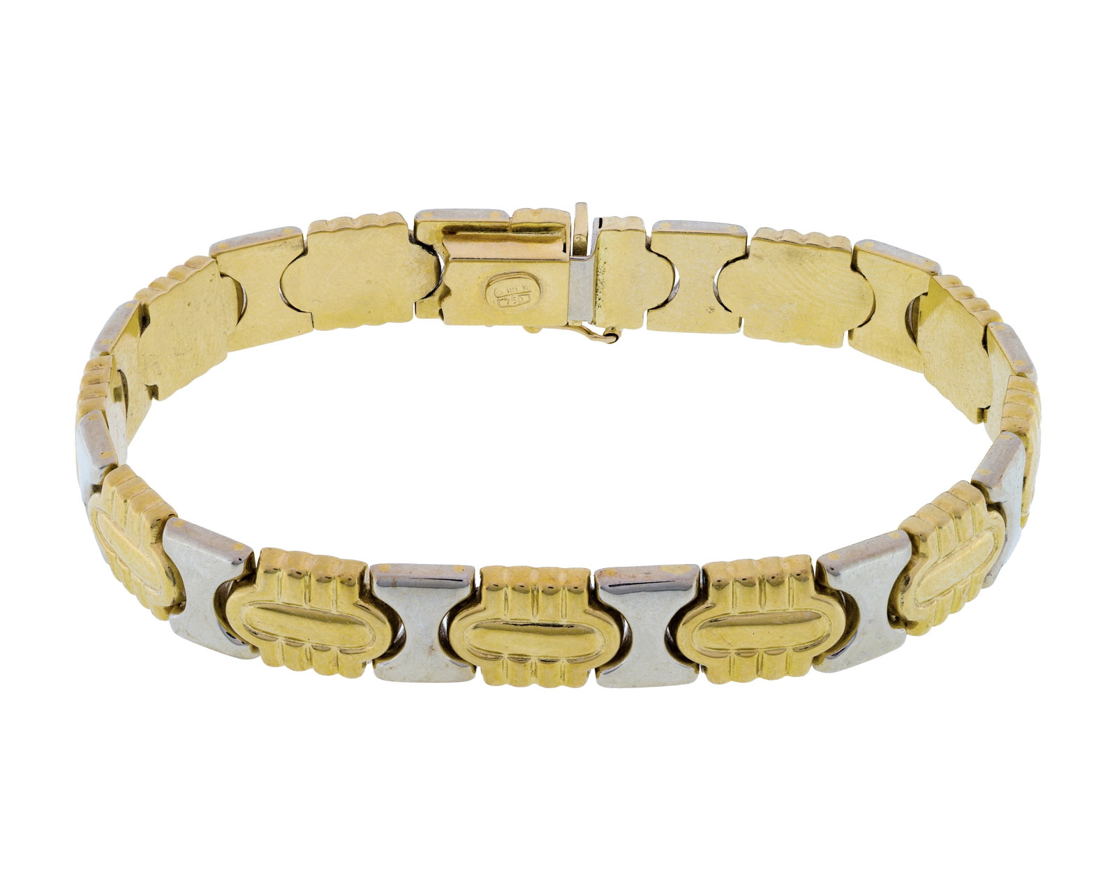 18k Bi-Color Gold Bracelet: 18k Bi-Color Gold Bracelet A fancy panel link bracelet (marked '750' on back of clasp) Property from: an Estate, Burr Ridge, Illinois Length: 7 inches Weight: 18k gold: 14.33 dwts. (total) Condition: