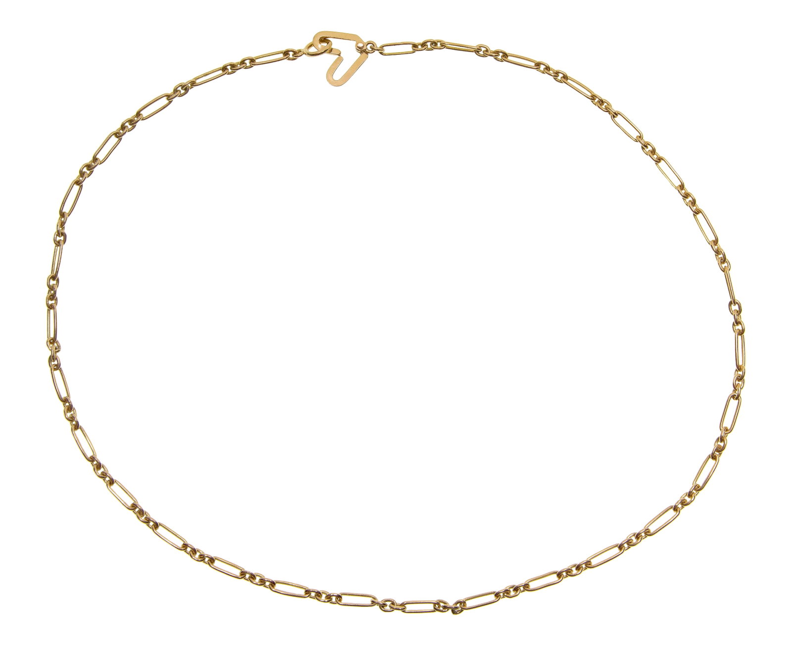 18k Yellow Gold Necklace: 18k Yellow Gold Necklace A paperclip style link (unmarked 18k) Property from: an Estate, Burr Ridge, Illinois Length: 16 inches Weight: 18k gold: 11.86 dwts. (total) Condition: overall light wear