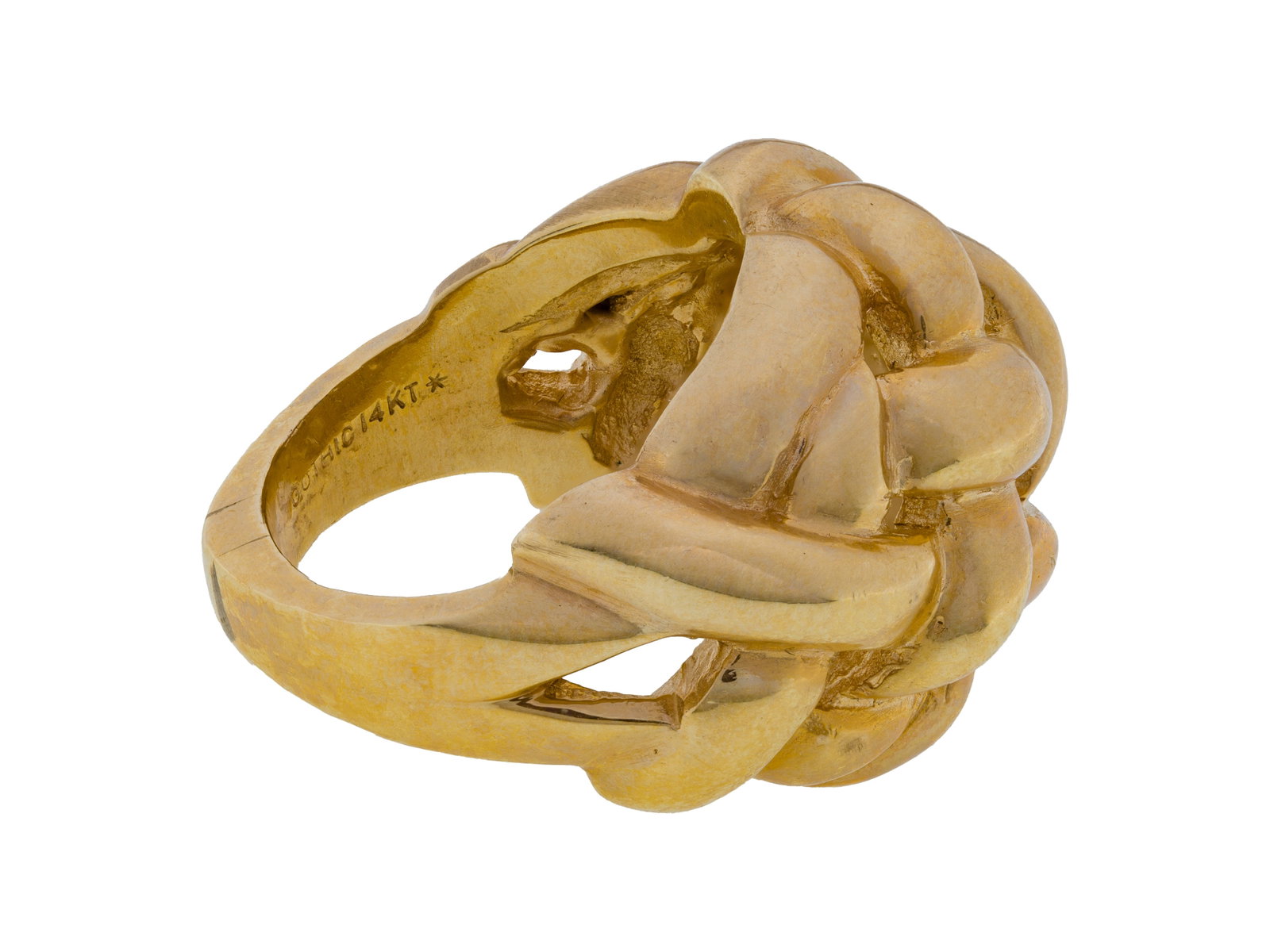 14k Yellow Gold Cocktail Ring: 14k Yellow Gold Cocktail Ring A woven top dome style cocktail ring (marked '14k' and 'Gothic') Property from: an Estate, Burr Ridge, Illinois Size: 7 Weight: 14k gold: 14.40 dwts. (total) Condition: