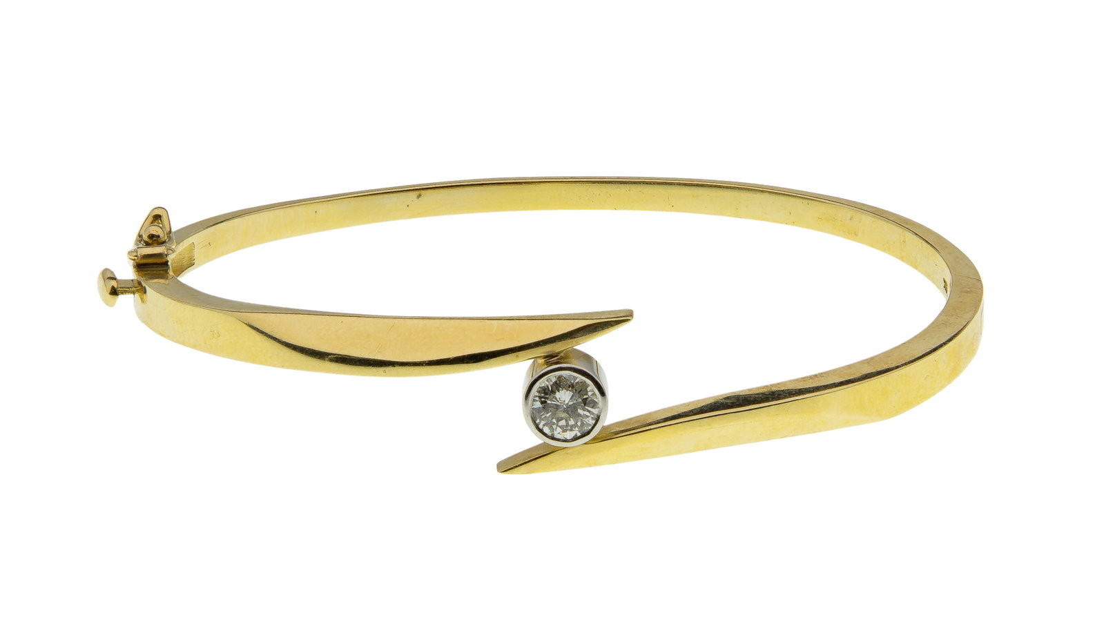 14k Yellow Gold and Diamond Hinged Bangle Bracelet: 14k Yellow Gold and Diamond Hinged Bangle Bracelet A solitaire bezel set round cut diamond 0.40 carat on a bypass style bracelet (marked '14k') Property from: an Estate, Burr Ridge, Illinois Length: 6