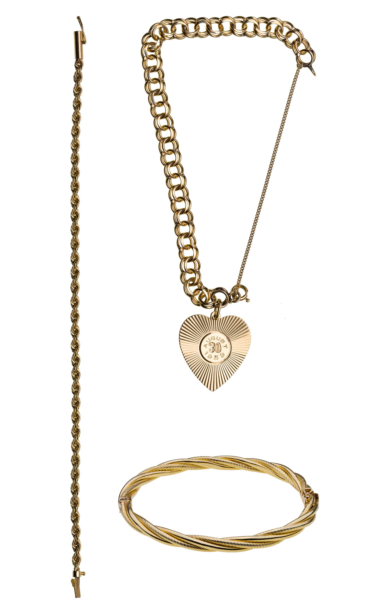 14k Yellow Gold Bracelet Assortment: 14k Yellow Gold Bracelet Assortment (3) items including a twisted rope, a double loop having heart charm and a hinged bangle (two marked '14k') Property from: an Estate, Burr Ridge, Illinois Length: 7
