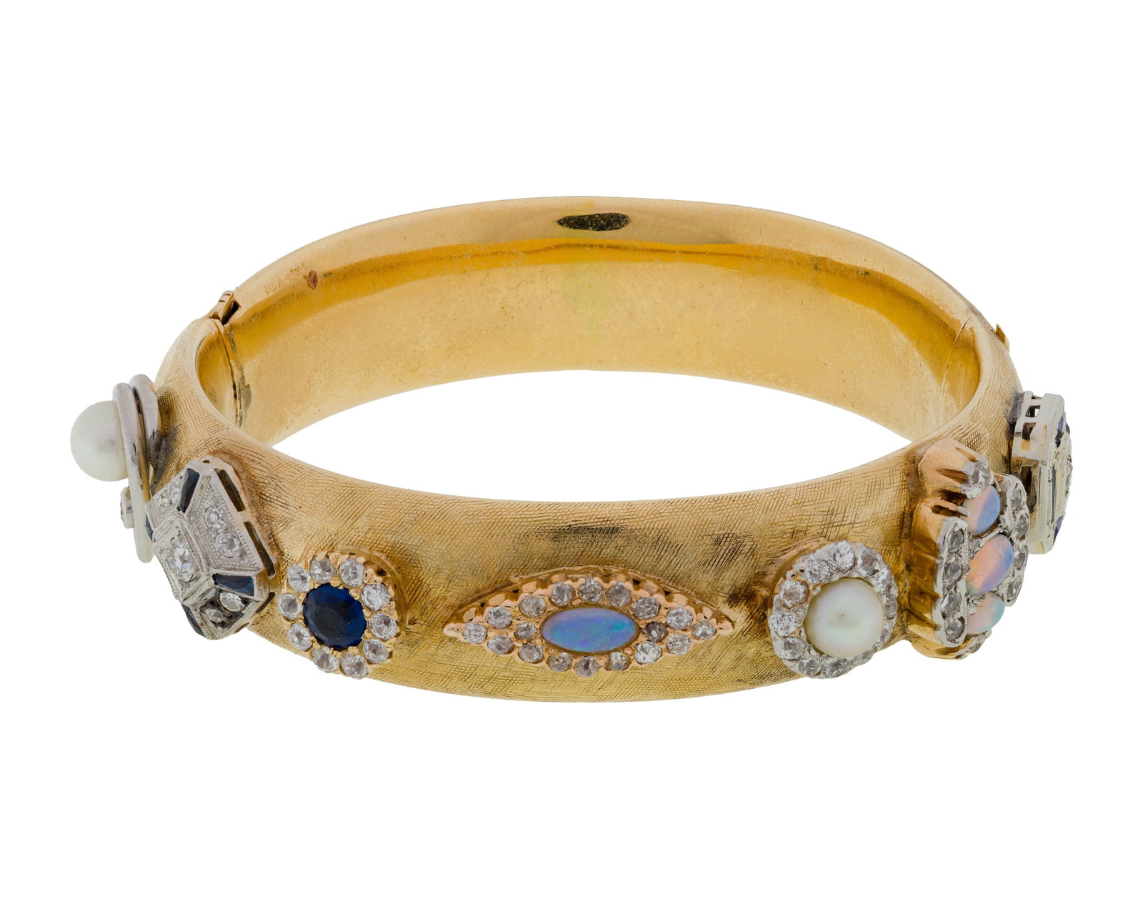 Rine 14k Yellow Gold and Gemstone Hinged Bangle Bracelet: Rine 14k Yellow Gold and Gemstone Hinged Bangle Bracelet Having a brushed finish and applied gemstone ornaments, 0.50-inch width (marked '14k' on inner clasp) Property from: an Estate, Burr Ridge, Ill