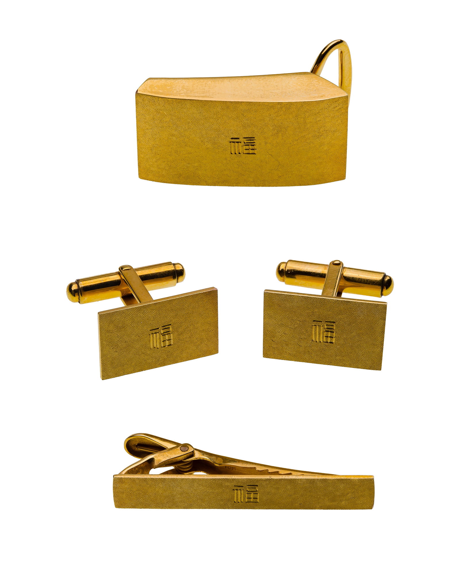 Gold Cufflinks, Belt Buckle and Tie Clip Set: Gold Cufflinks, Belt Buckle and Tie Clip Set (3) items including cufflinks, tie bar and belt buckle having a brushed finish (erroneously marked 18k but XRF tested as 13k gold) Property from: an Estate