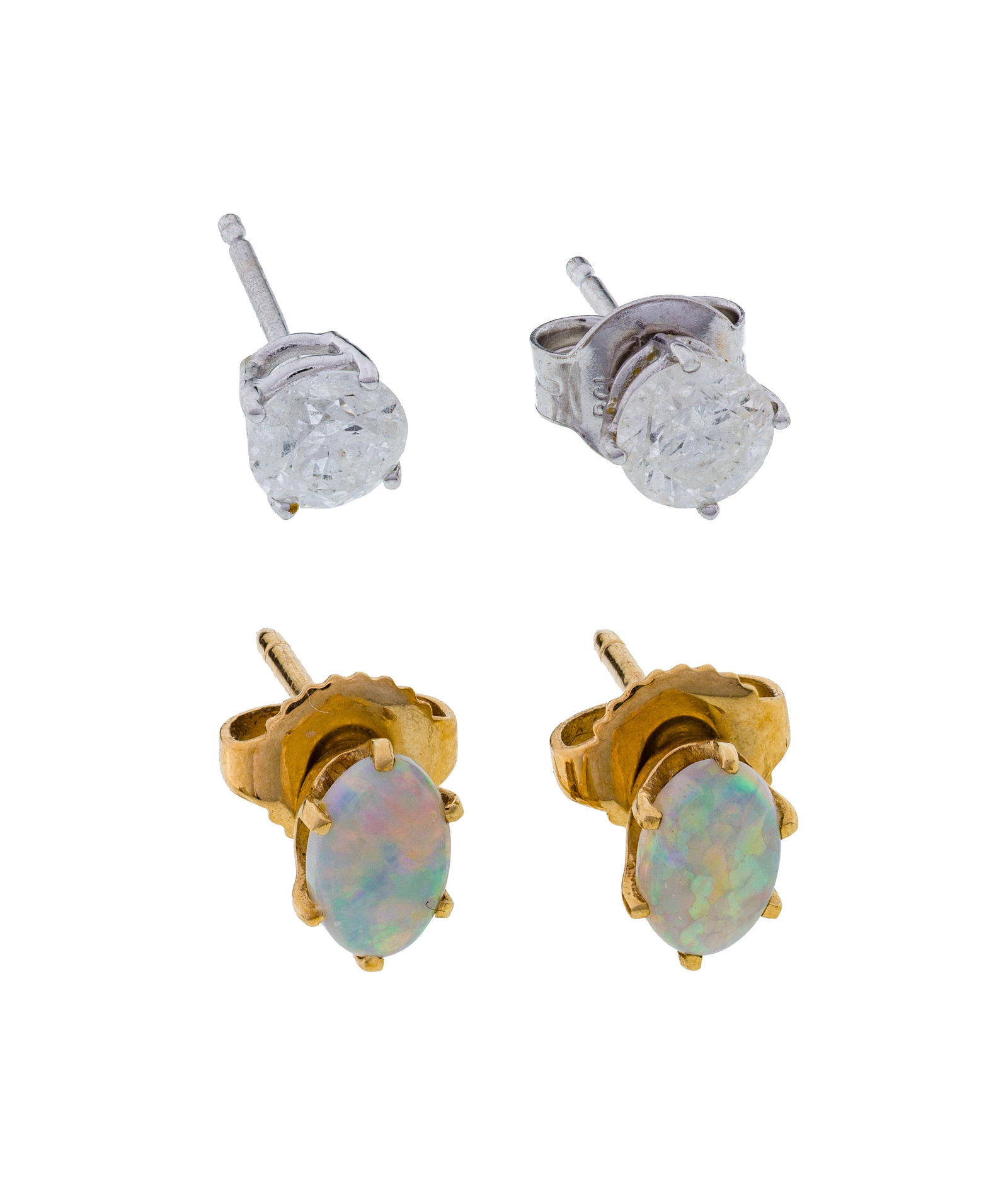 14k Gold Pierced Earring Sets: 14k Gold Pierced Earring Sets (2) pairs including a yellow gold and oval opal cabochon (marked '14k') and a white gold and diamond stud Property from: an Estate, Burr Ridge, Illinois Length: 1/2 inche