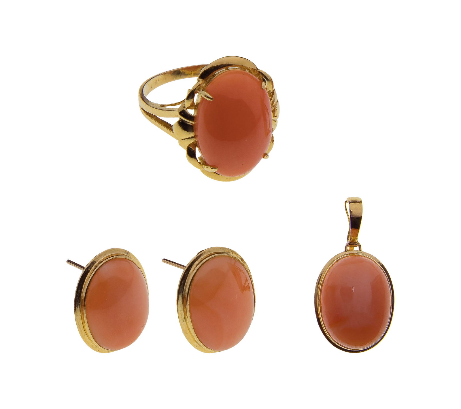 14k Yellow Gold and Coral Jewelry Suite: 14k Yellow Gold and Coral Jewelry Suite (3) items including a ring, a pendant and a pair of pierced earrings, all having oval coral cabochon (all marked '14k' / '585') Property from: an Estate, Burr R