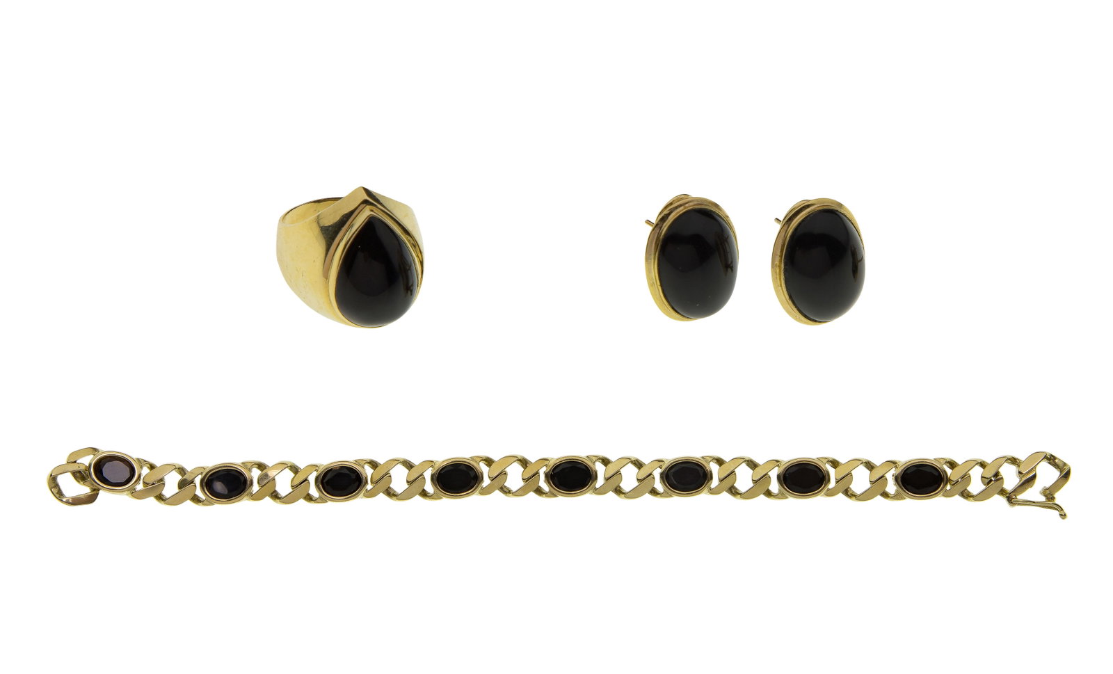 14k Yellow Gold and Onyx Jewelry Assortment: 14k Yellow Gold and Onyx Jewelry Assortment (3) items, all having oval cabochon black onyx including a ring, French clip earrings and a 0.25-inch wide textured curb link chain bracelet (all marked '14