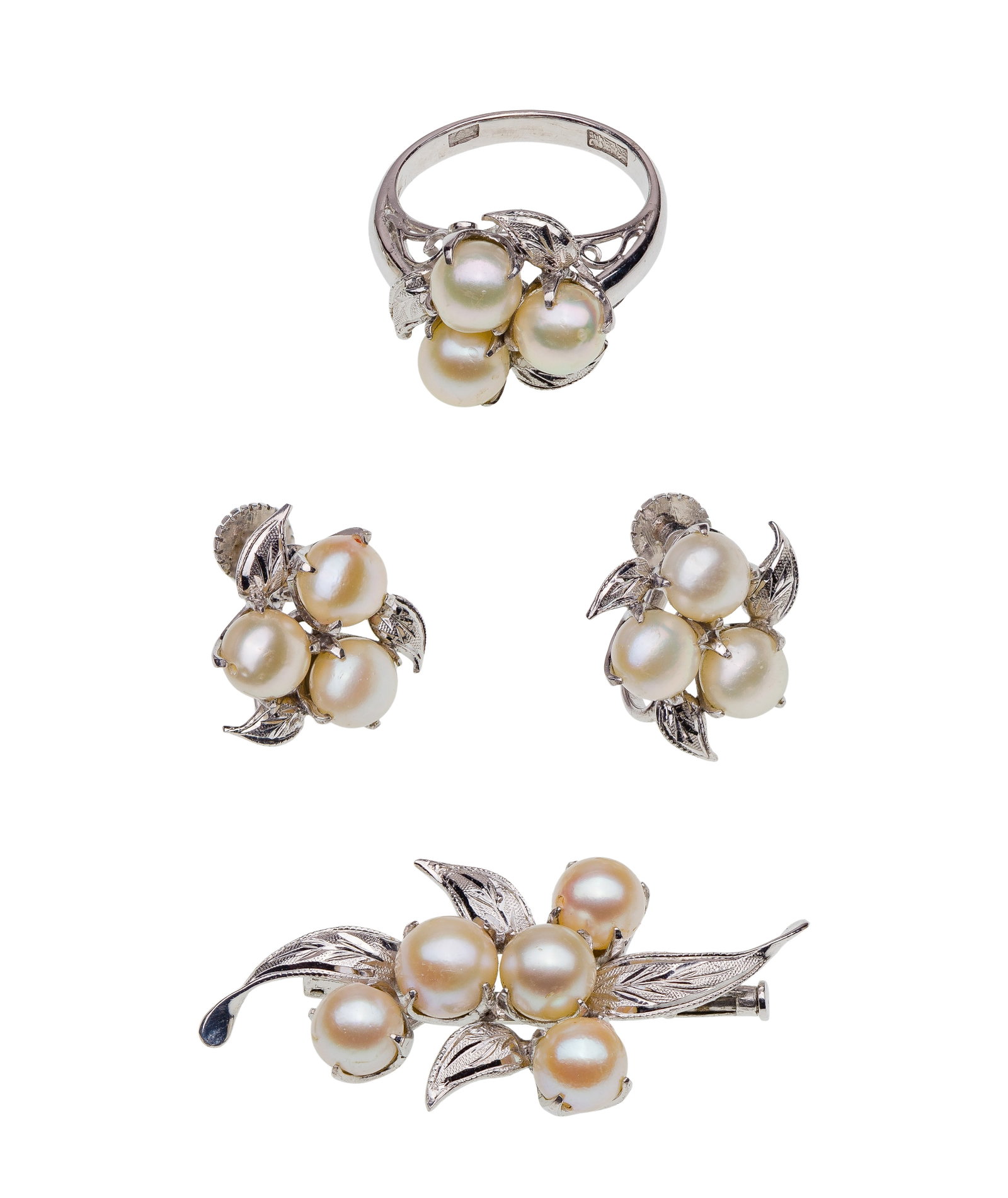 Mixed Metal and Pearl Jewelry Suite: Mixed Metal and Pearl Jewelry Suite (3) items, all having approximately 6mm pearls, including a ring, a pin and a pair of screw back earrings (foreign marked) Property from: an Estate, Chicago (The