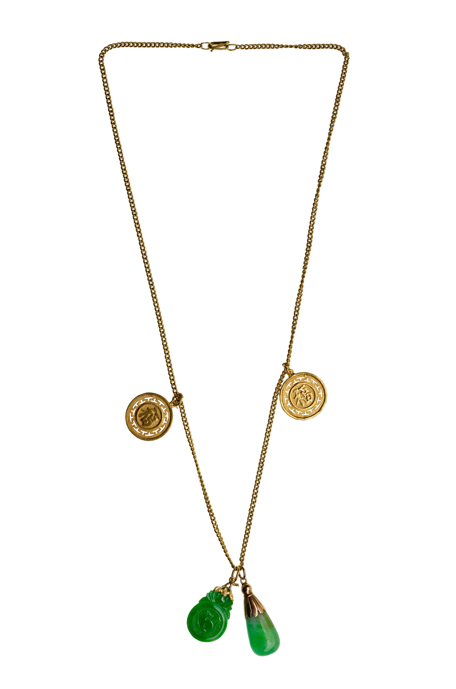 22k Yellow Gold and Jadeite Jade Necklace: 22k Yellow Gold and Jadeite Jade Necklace A chain style necklace having Chinese blessing pendants and carved green jadeite jade charms (unmarked 22k) Property from: an Estate, Chicago (The Loop), Illi