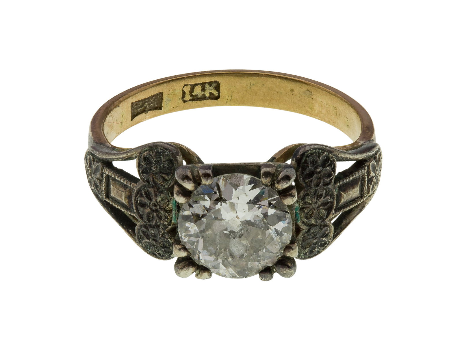 10k Gold and Diamond Ring: 10k Gold and Diamond Ring Having a round cut diamond weighing approximately 1.40 carats (7.25 x 3.47mm), I/J color, I-1 clarity in an art deco style setting (erroneously marked '14k') Property from: