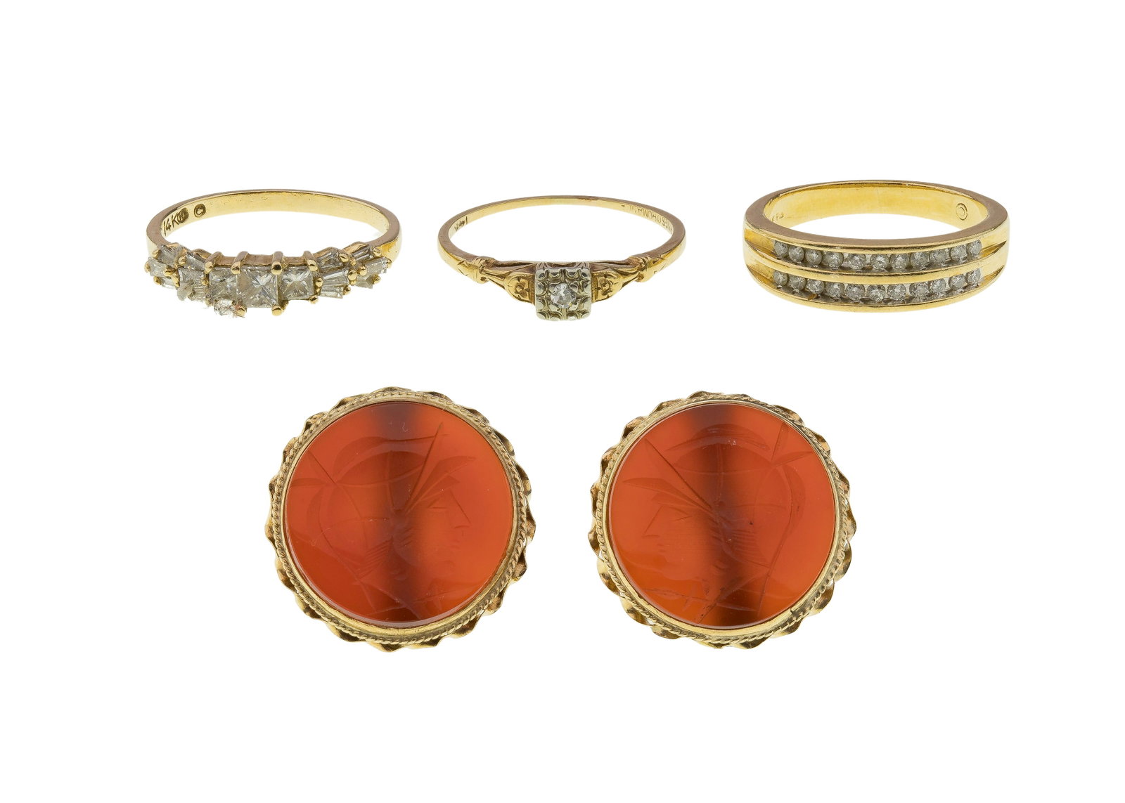 14k Yellow Gold Jewelry Assortment: 14k Yellow Gold Jewelry Assortment (4) items including diamond rings consisting of a round cut solitaire engagement style, a round and baguette cut diamond band and a round cut double row band as well