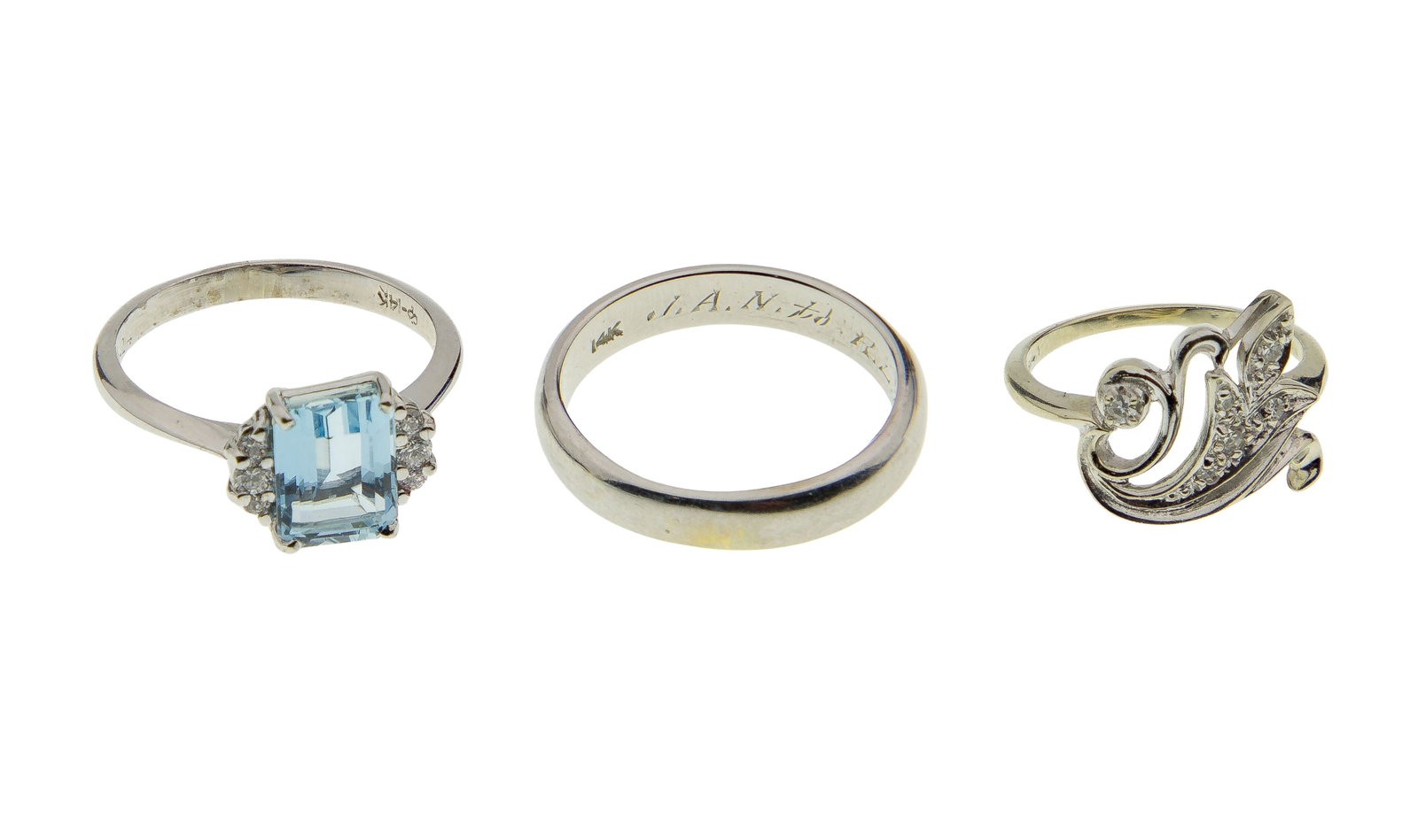14k White Gold Ring Assortment: 14k White Gold Ring Assortment (3) items including a square blue amethyst having diamond accents, a floral design having pave accents and a band (all marked '14k' / '585') Property from: an Estate, Bu