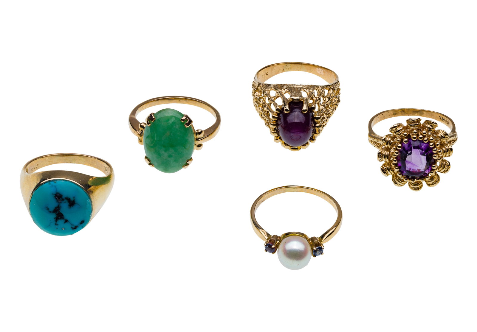 14k Yellow Gold Ring Assortment: 14k Yellow Gold Ring Assortment (5) items including a textured basket oval cut purple star sapphire, an oval cut jadeite jade, a pearl and sapphire, an oval cut amethyst having a ruffled setting and a