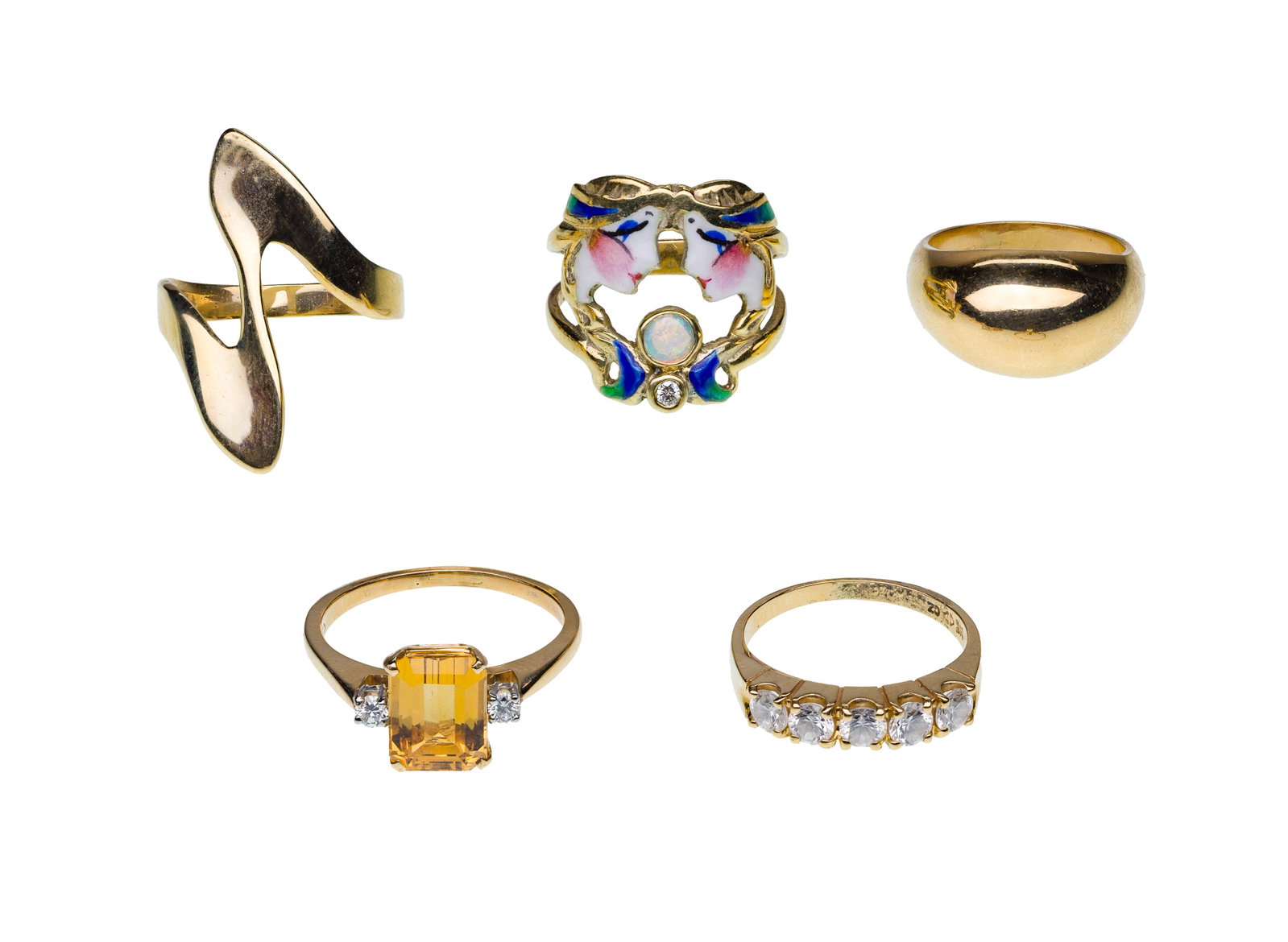 14k Yellow Gold Ring Assortment: 14k Yellow Gold Ring Assortment (5) items including a citrine and diamond, a domed band, a floral enamel, a zig-zag and a white quartz band (all marked '14k' / '585') Property from: an Estate, Burr