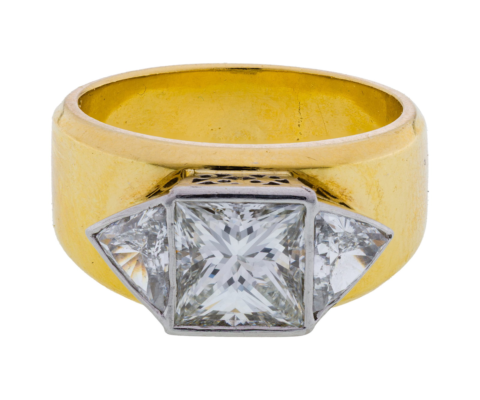 18k Yellow Gold and Diamond Ring: 18k Yellow Gold and Diamond Ring A princess cut central diamond weighing approximately 2.42 carats (7.50 x 5.18mm), I/J color, VS-1 clarity, flanked by two trillion cut diamonds weighing