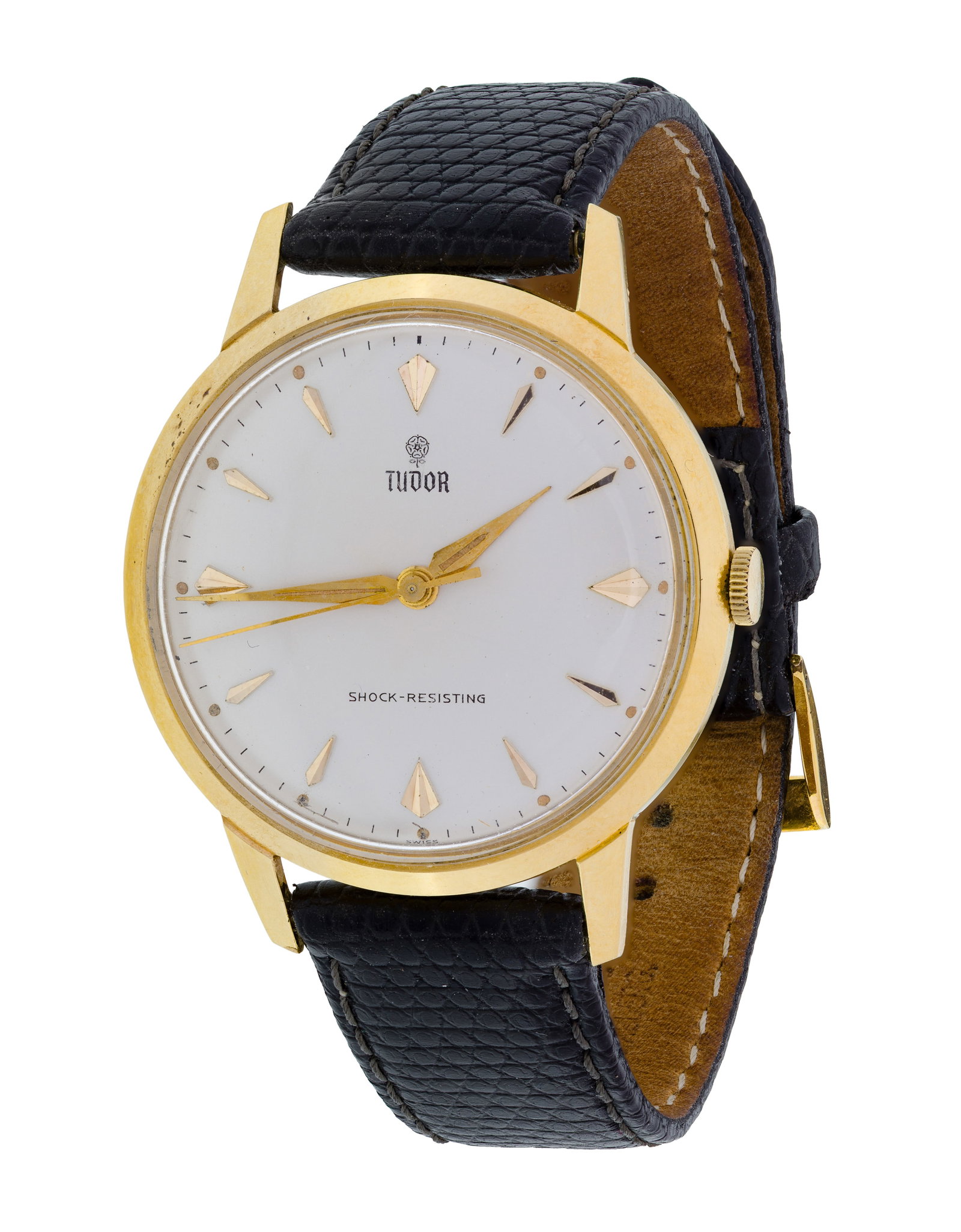 Tudor Prince 18k Yellow Gold Case Wristwatch: Tudor Prince 18k Yellow Gold Case Wristwatch Serial #507348, c.1965 having an off white dial, gold-tone dagger and stick numbers, the Tudor rose logo, manual wind, 17-jewels, on a marked Rolex