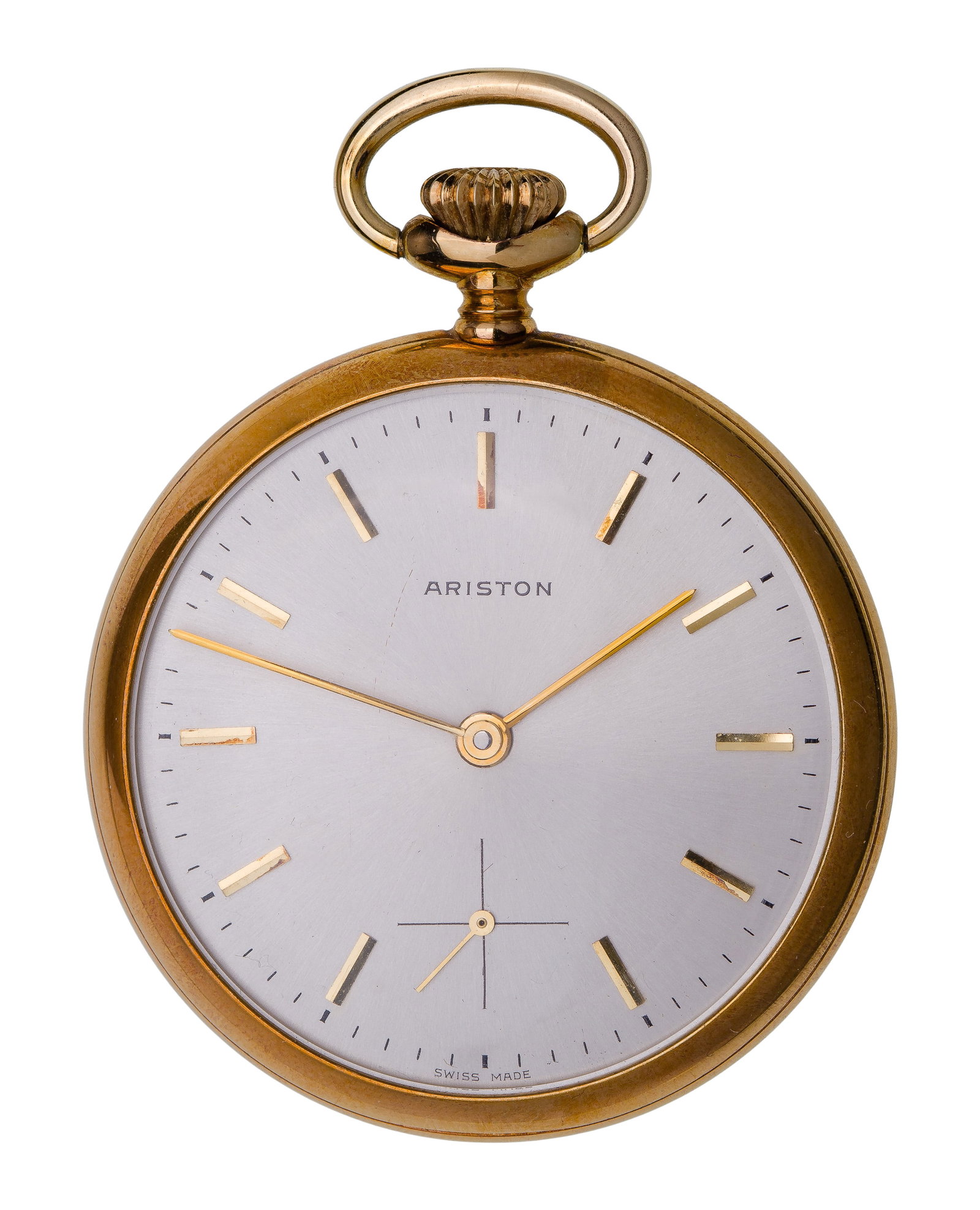 Ariston 14k Yellow Gold Open Face Pocket Watch: Ariston 14k Yellow Gold Open Face Pocket Watch Ariston open face case, 17-jewel movement, size 18S, white dial having gold-tone batons and hands, seconds sub-dial, pendant wind, pendant set (marked '1