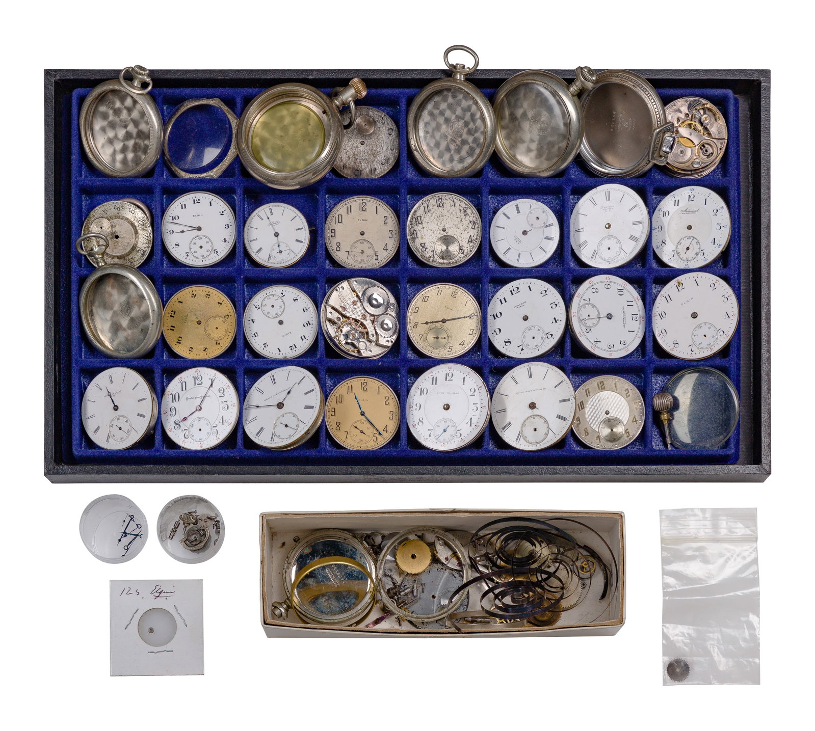 Pocket Watch Part Assortment: Pocket Watch Part Assortment Approximately (50) items of various pocket watch components, including metal cases, enamel dials, exposed mechanical movements and replacement parts Property from: a
