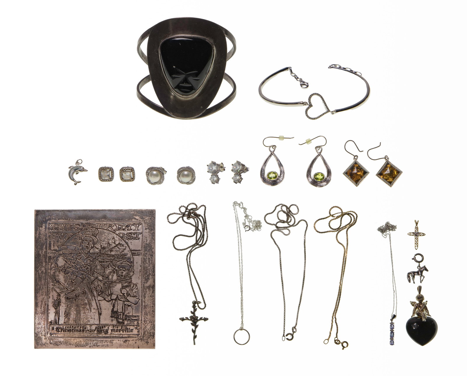 14k, 10k Gold and Sterling Silver Jewelry Assortment: 14k, 10k Gold and Sterling Silver Jewelry Assortment A chain link style necklace (marked '14k'), a pendant necklace and a pendant (marked '10k') as well as various earrings, pendants, bracelets, neckl