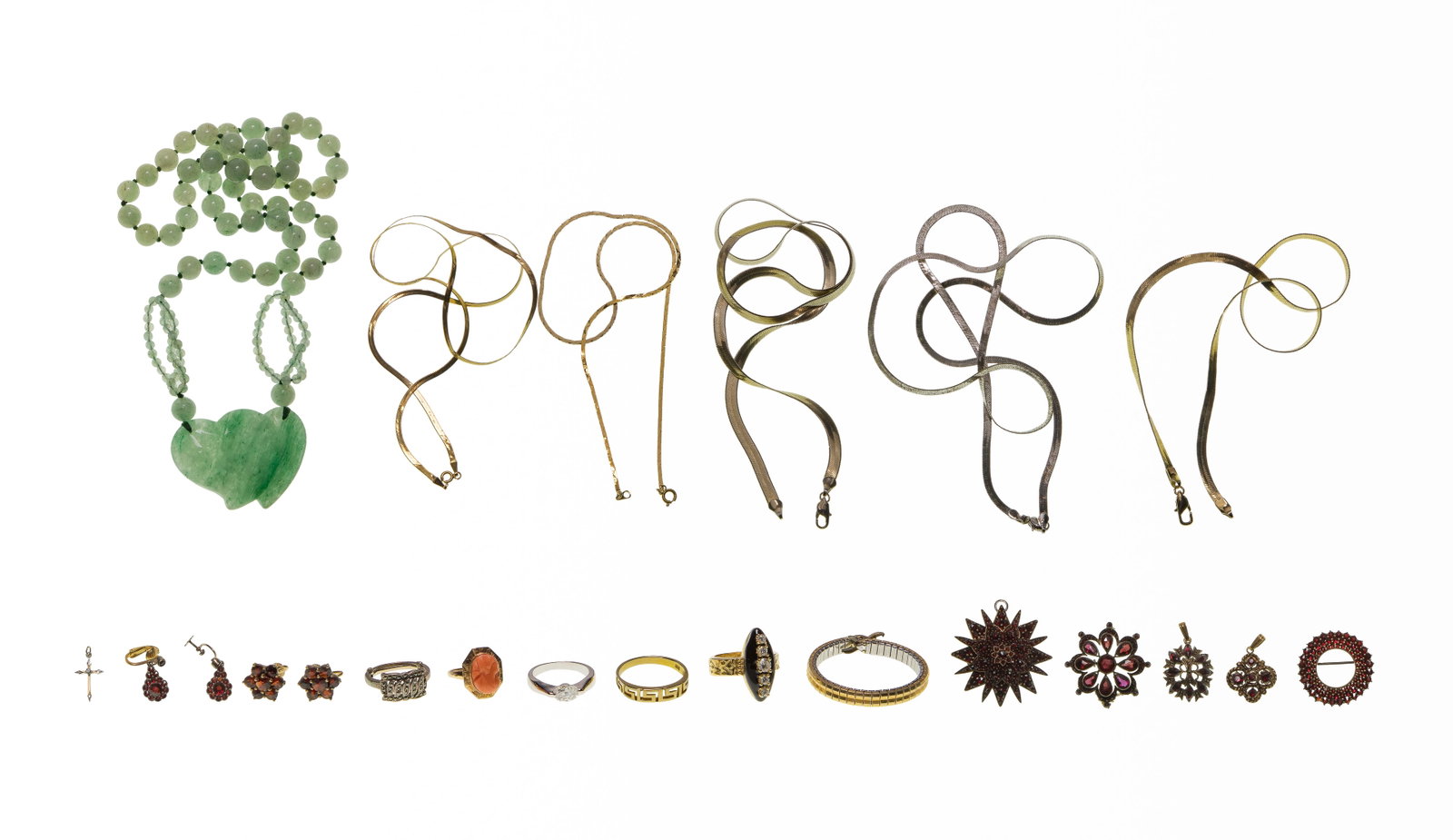 14k, 10k Gold, Sterling Silver and Costume Jewelry Assortment: 14k, 10k Gold, Sterling Silver and Costume Jewelry Assortment Including a chain link style necklace and band style ring (marked '14k'), a coral ring (marked '10k'), (2) fragmented pieces (unmarked