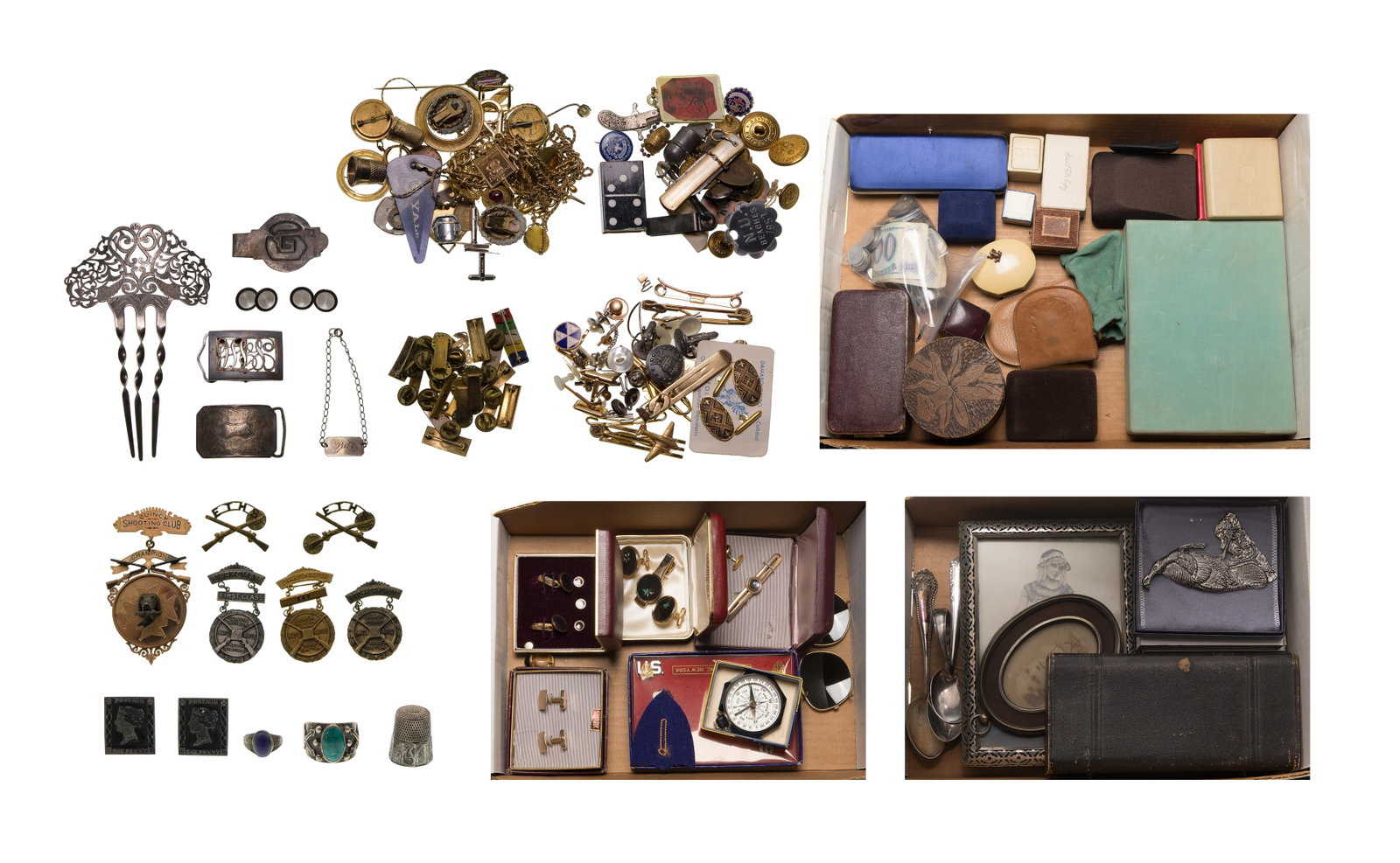 Sterling Silver and Costume Jewelry and Silverplate Assortment: Sterling Silver and Costume Jewelry and Silverplate Assortment Including a Victorian style hair comb, (2) belt buckles, a thimble, a cufflink set, a French cuff set, an ID bracelet, a small ring, a