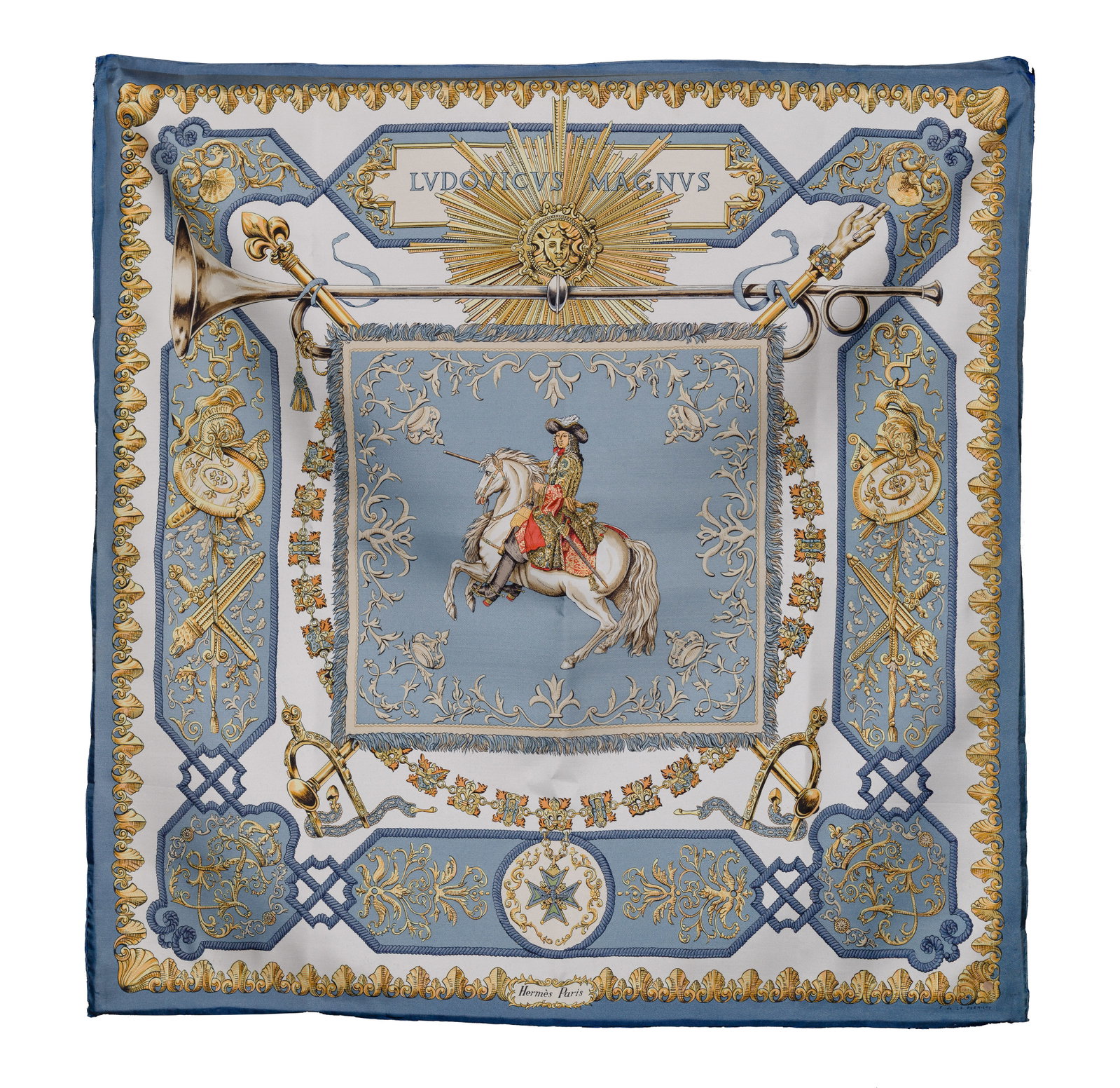 Hermes Silk Scarf: Hermes Silk Scarf A Ludovicus Magnus scarf depicting Louis XIV on a white horse Property from: a Private Collector, Wheaton, Illinois Height: 35 inches, Width: 35 inches Condition: overall light to
