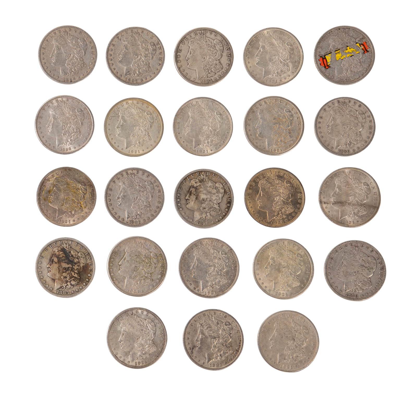 Morgan $1 Assortment: Morgan $1 Assortment (23) coins including 1878, 1880, 1882-O, (2) 1883, 1889, (2) 1890-O, 1896-O, 1897-O, (9) 1921, (2) 1921-D and (2) 1921-S Property from: an Estate, Chicago (The Loop), Illinois