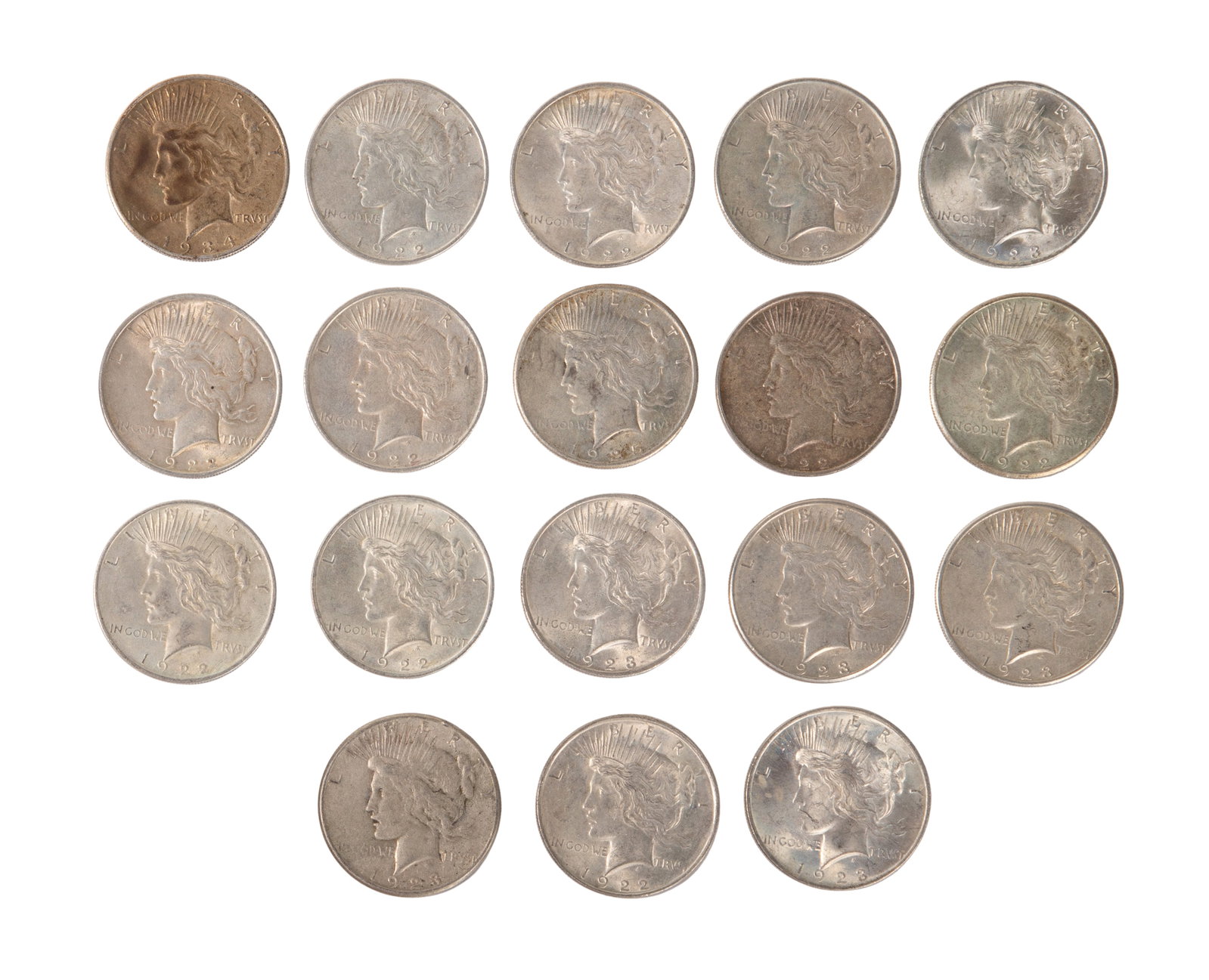 Peace $1 Assortment: Peace $1 Assortment (18) coins including (8) 1922, 1922-D, 1922-S, (4) 1923, (2) 1923-S, 1925 and 1934-S Property from: an Estate, Chicago (The Loop), Illinois Category: Dollars > Peace Dollar Estimat