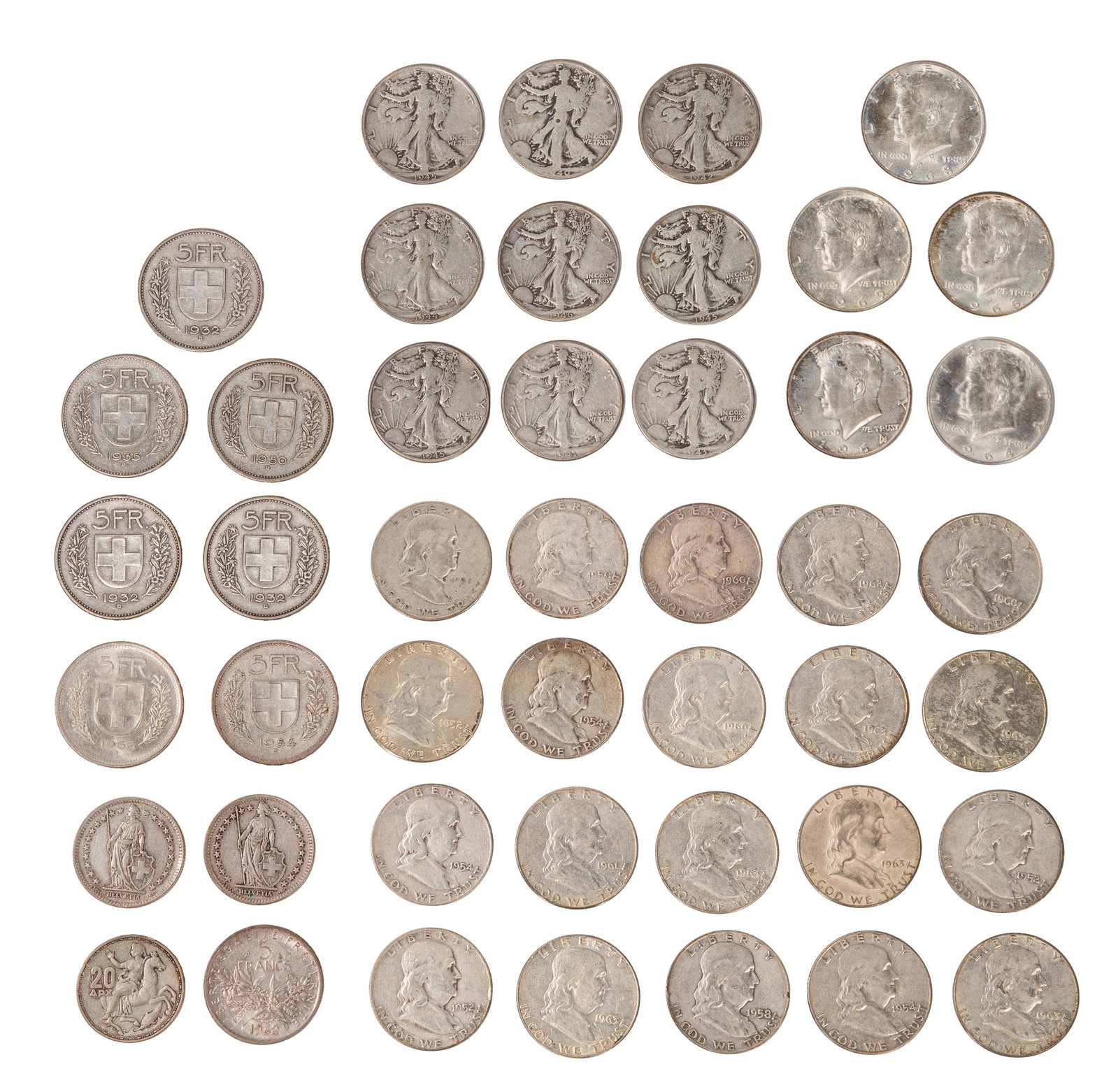 US Silver Coin Assortment: US Silver Coin Assortment $15.00 face value US 90% silver including (9) Walking liberty 50c, (20) Franklin 50c and (2) Kennedy 50c, (3) US 40% silver Kennedy 50c; together with 0.835 silver coins incl