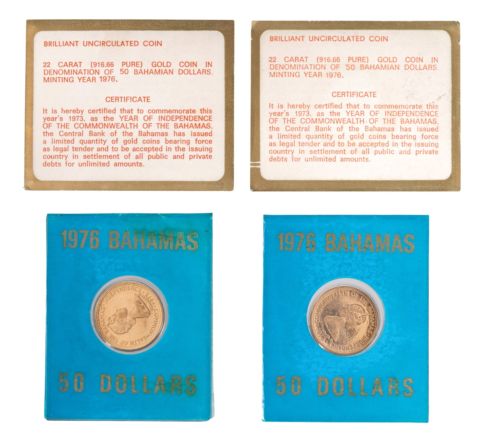 Bahamas: 1976 $50 Gold Coins: Bahamas: 1976 $50 Gold Coins (2) coins Property from: a Private Collector, Rockford, Ilinois Weight: 22k gold: 3.51 dwts. Category: World Coins & Currency > World Coins Estimated Sale Time: 3:35 pm