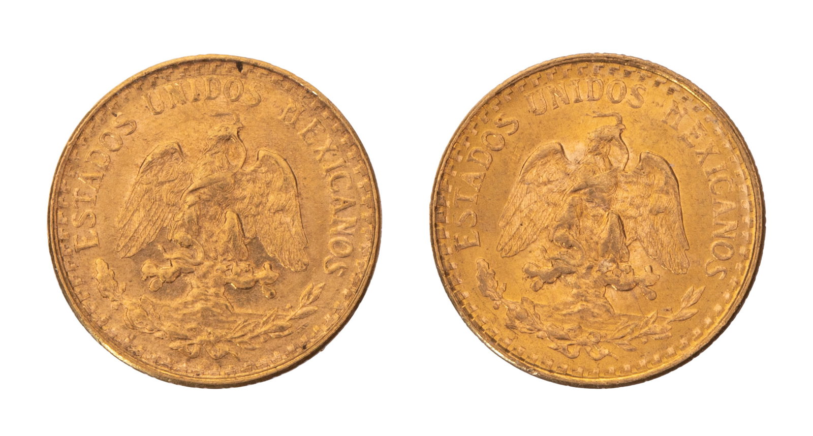 Mexico: 1945 2-Peso Gold Coins: Mexico: 1945 2-Peso Gold Coins (2) coins Property from: a Private Collector, Rockford, Ilinois Weight: 22k gold: 2.14 dwts. Category: World Coins & Currency > World Coins Estimated Sale Time: 3:36 pm