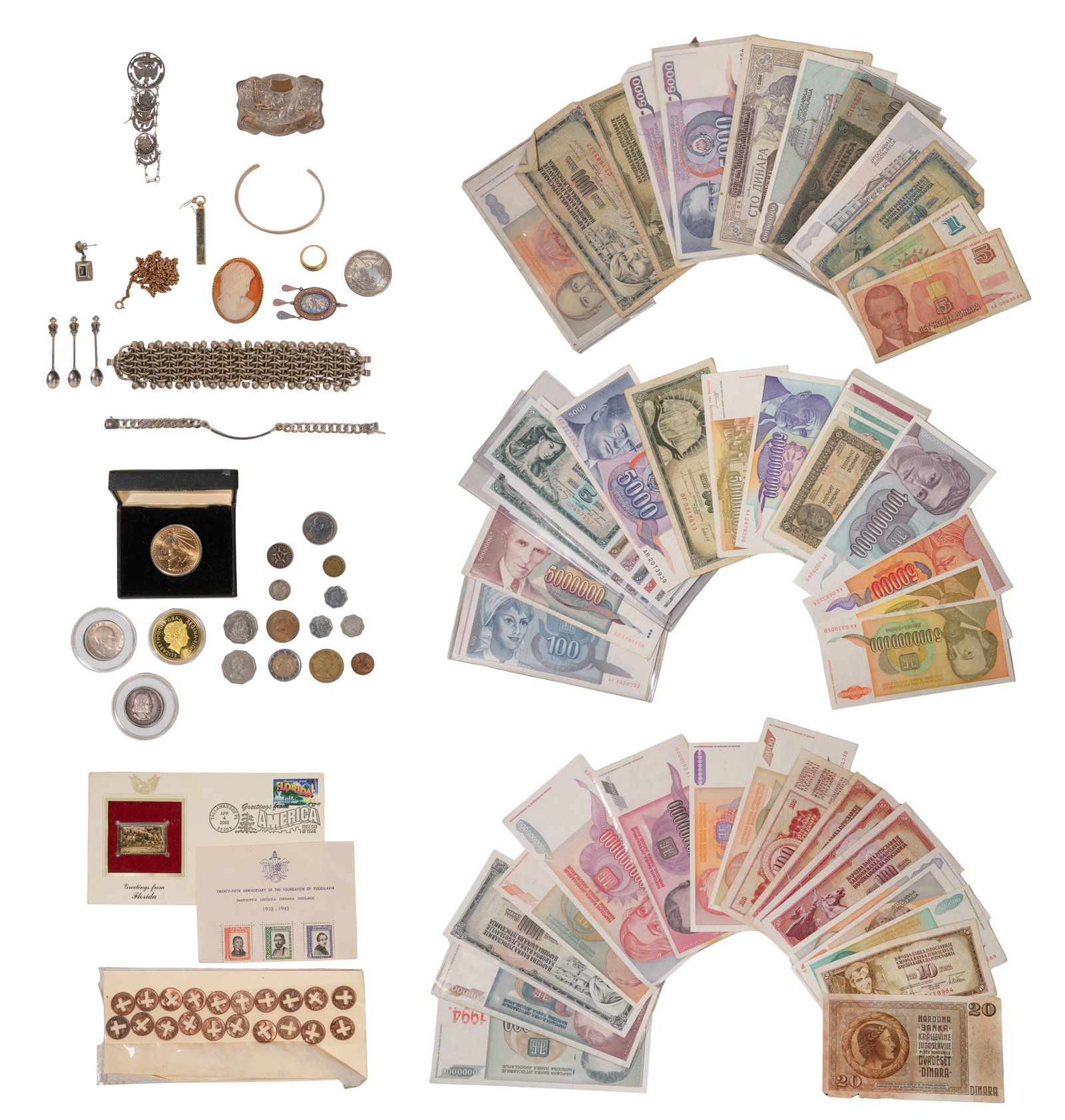 Sterling Silver, Costume Jewelry and World Coin and Currency Assortment: Sterling Silver, Costume Jewelry and World Coin and Currency Assortment Including a Stockton shooting award belt buckle and pierced Mexican coin watch fob (unmarked but XRF tested as 'sterling'), asso