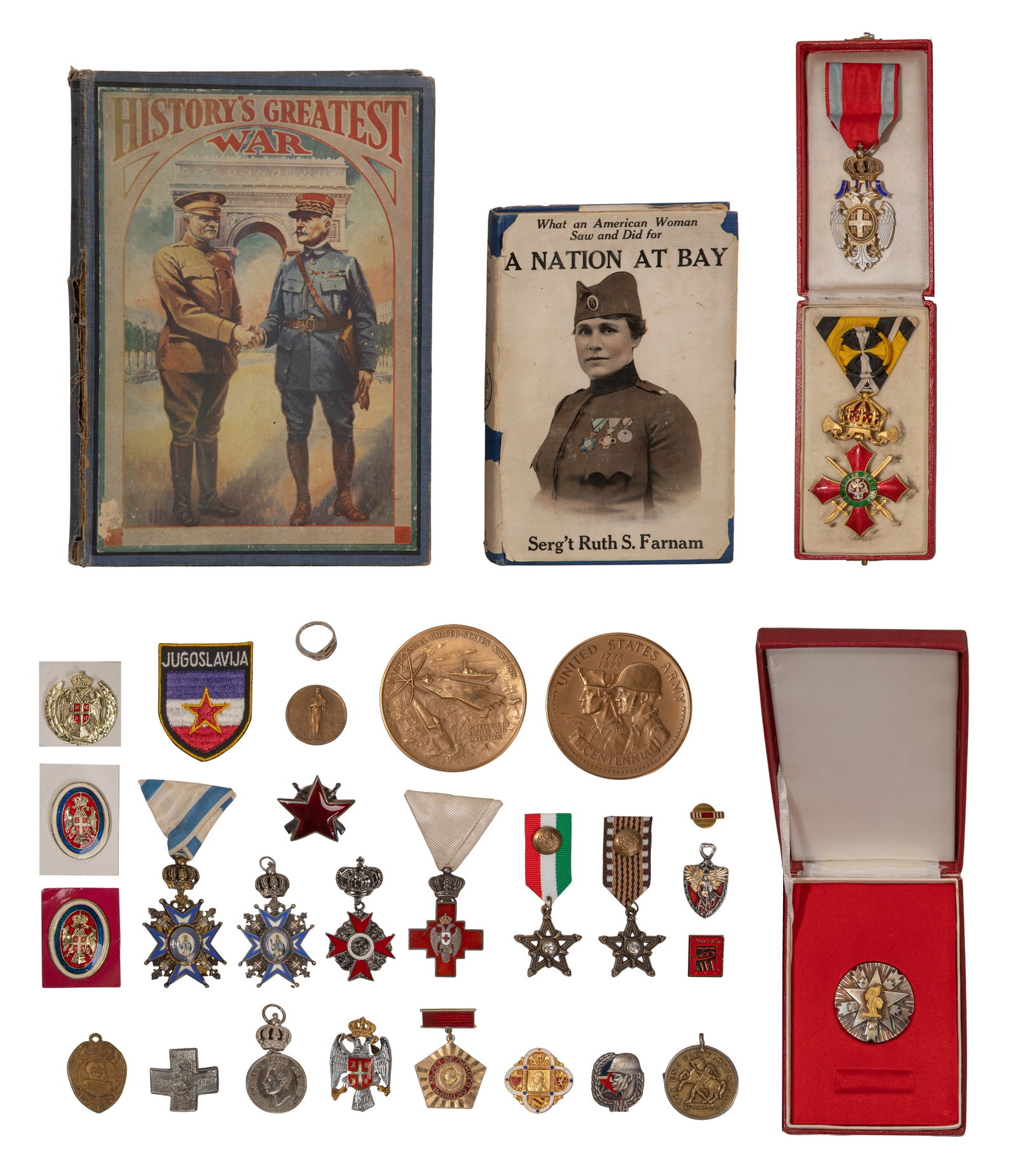 Military Medal and Ephemera Assortment: Military Medal and Ephemera Assortment (30) items, medals, mostly Serbian and Yugoslavian, including (2) in presentation boxes, a pin, a patch and a ring, (2) US bicentennial bronze medallions