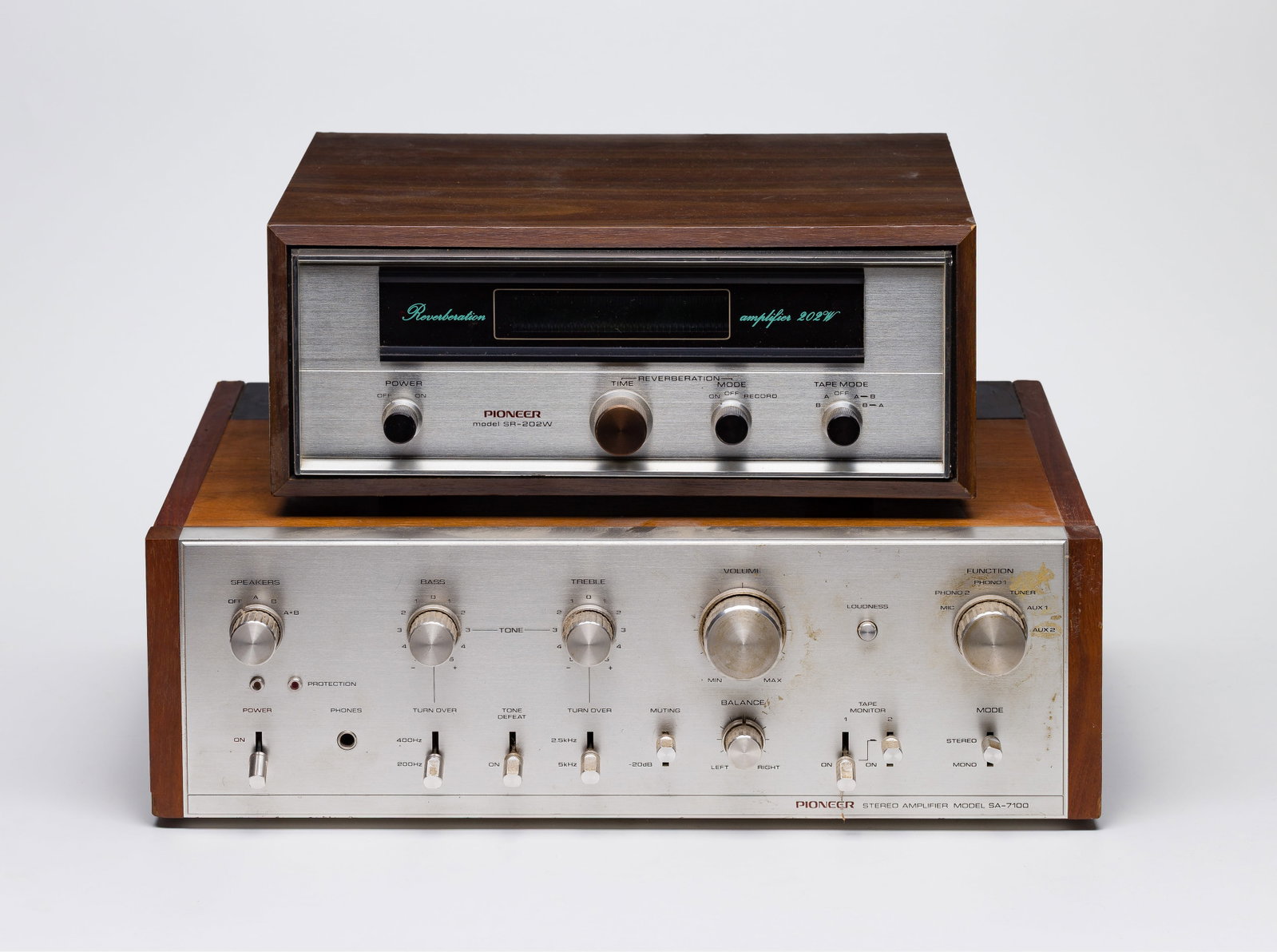 Pioneer Stereo Amplifiers: Pioneer Stereo Amplifiers (2) items including a c.1970 Pioneer SR-202W Reverberation amplifier serial #XE2702445R having power, reverb time, input level and mode selectors, a textured silver face and