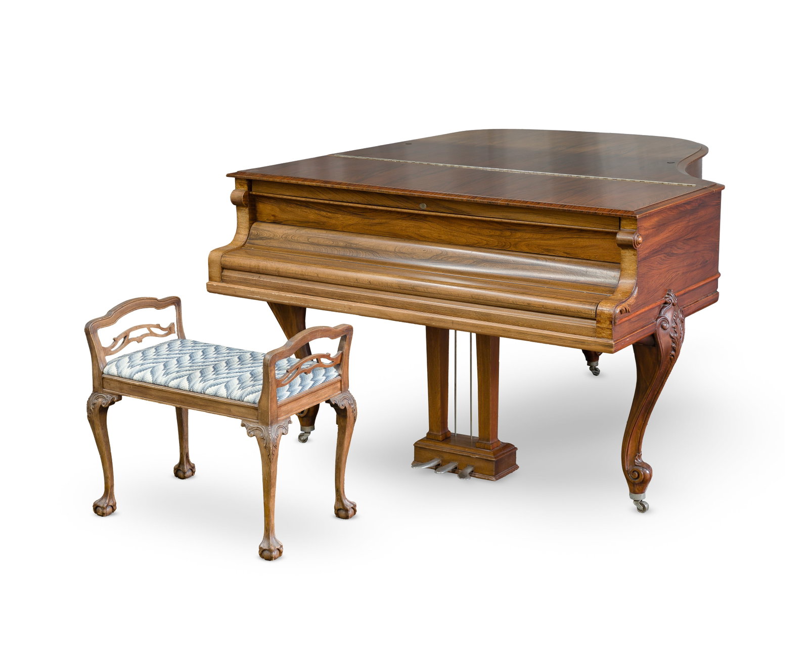 Mason & Hamlin Walnut Piano: Mason & Hamlin Walnut Piano A Mason & Hamlin serial #50277, 1941 Model A grand piano having an acanthus and volute leg design, tripod caster system and walnut finish; together with a needlepoint