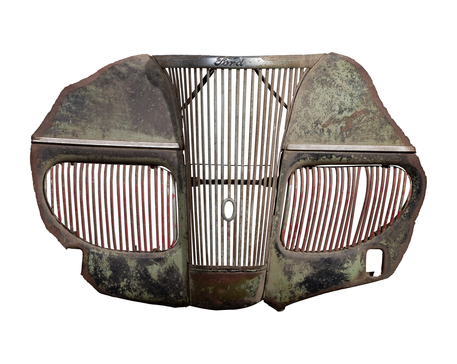 Ford Metal Grille: Ford Metal Grille A curved, three-piece grill having straight vertical bars and script emblem Property from: an Estate, Chicago (Logan Square), Illinois Height: 26 inches, Width: 38 inches, Depth: 8