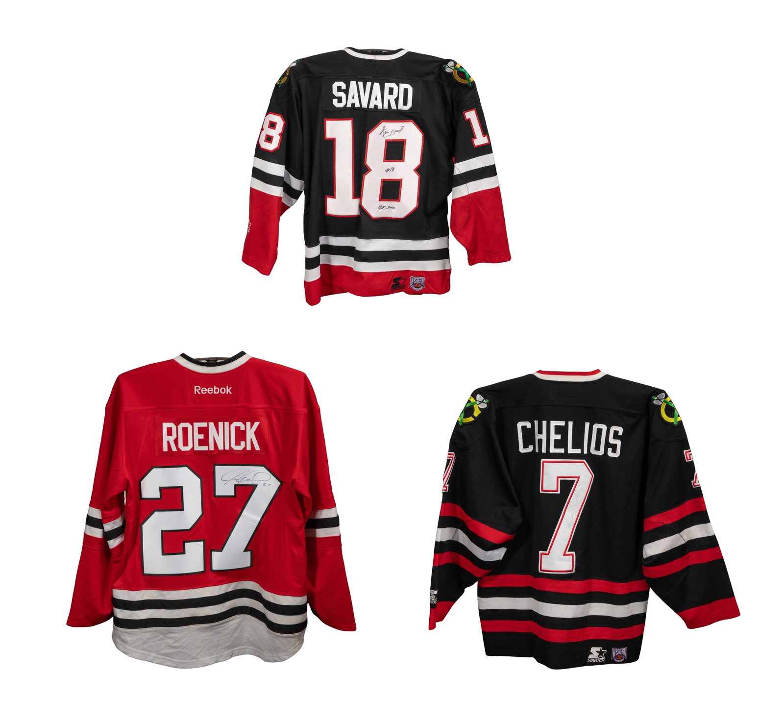 Blackhawks Signed Jersey Assortment: Blackhawks Signed Jersey Assortment (3) autographed Chicago Blackhawks vintage hockey jerseys displaying the names and numbers of franchise legends #18 Denis Savard black Starter jersey, #27 Jeremy Ro