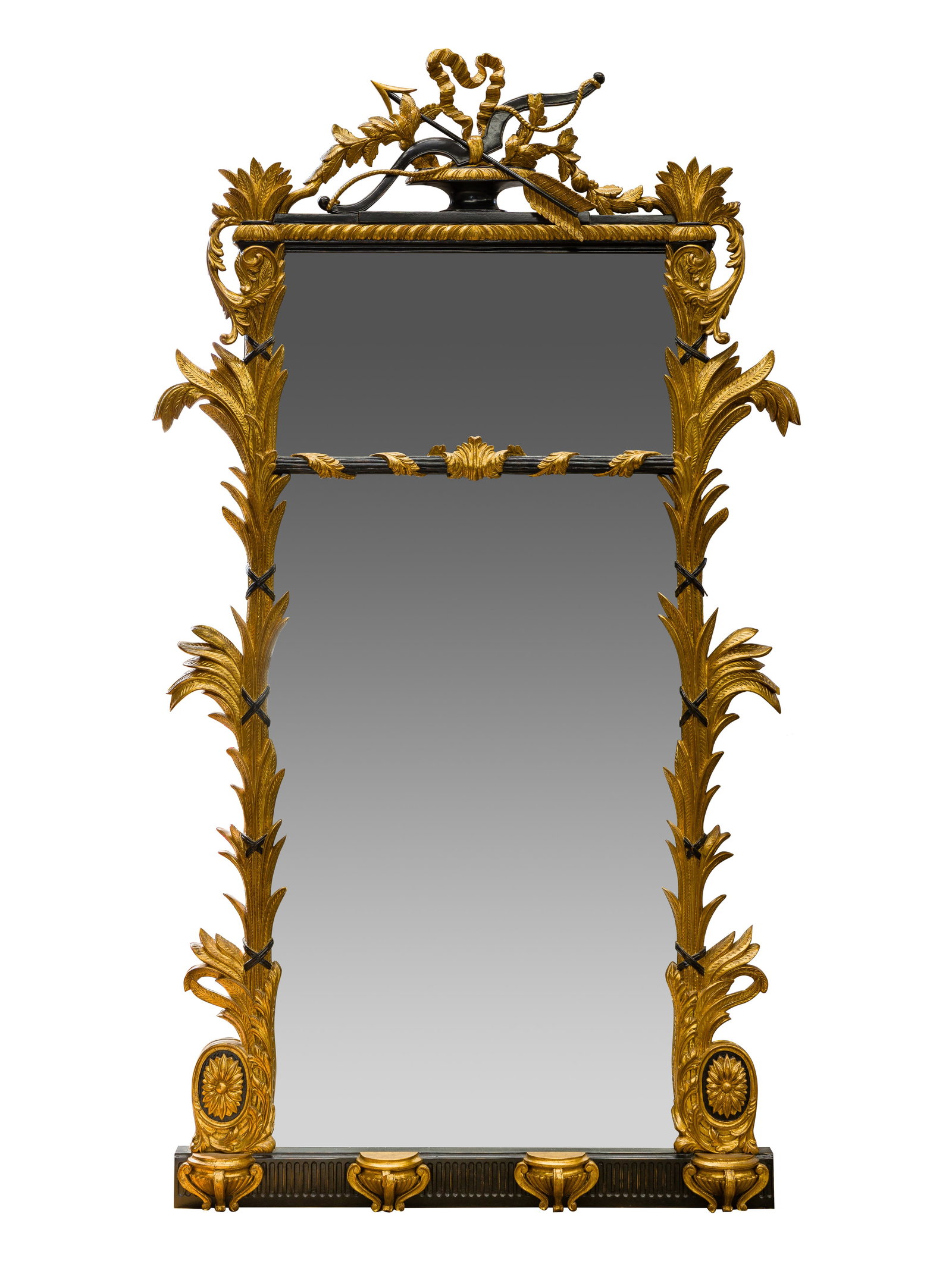 Attributed to William Switzer Chippendale Floor Mirror: Attributed to William Switzer Chippendale Floor Mirror Having a giltwood and black painted frame, acanthus leaf moldings and twisted rope details, upper pediment having an urn flanked by floral swags,