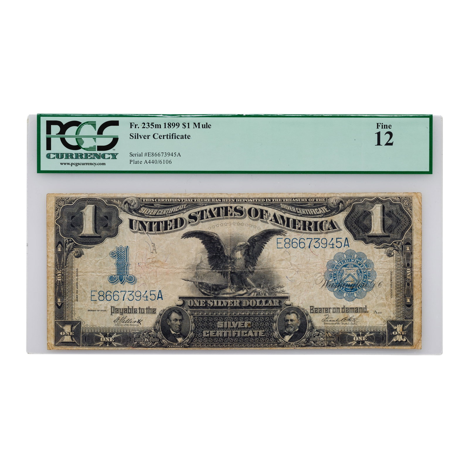 1899 $1 Mule F-12 PCGS: 1899 $1 Mule F-12 PCGS Fr.235 E86673945A Property from: a Private Collector, Mokena, Illinois Category: Large Size Type Notes > Silver Certificates Estimated Sale Time: 2:06 pm CST Shipping Status: