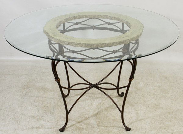 Wrought Iron Dinette Table with Glass Top: Wrought Iron Dinette Table with Glass Top Having a round, beveled-glass top on a metal base Height: 29.00 inches, Diameter: 48.00 inches Category: Furniture > Contemporary Shipping Status: 3rd Party S