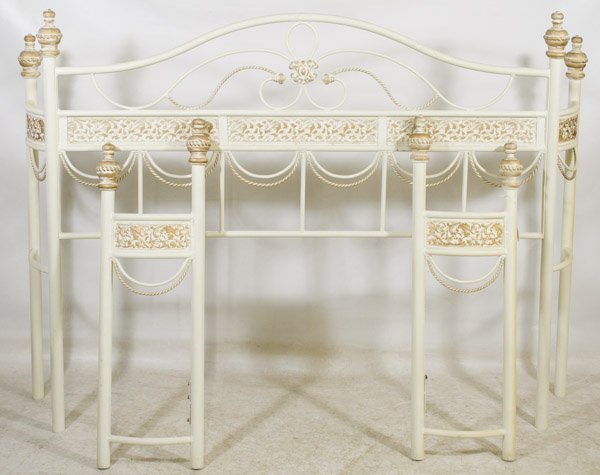 Wrought Iron Queen Size Bed Frame: Wrought Iron Queen Size Bed Frame Having head board and two foot board corners, painted white with gold accents Height: 52.00 inches, Width: 72.00 inches Category: Furniture > Contemporary Shipping St