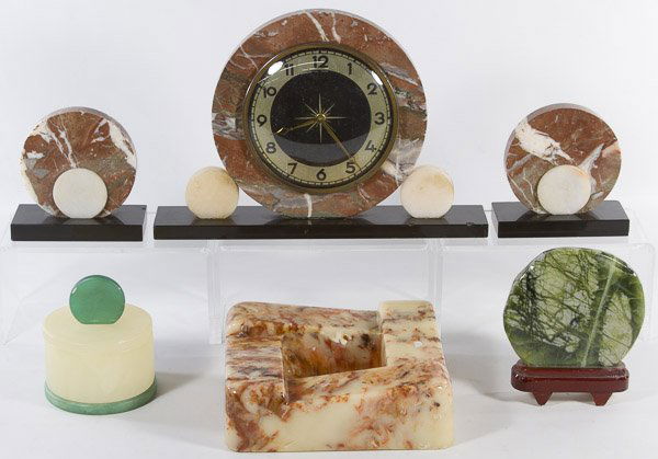 Alabaster Clock and Ash Receiver Assortment: Alabaster Clock and Ash Receiver Assortment Together with a covered box Category: Decorative Arts > Objects Shipping Status: 3rd Party Shipping; the shipping cost may be high; please contact The UPS S