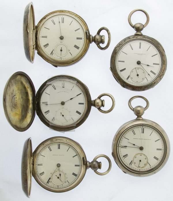 Men's Silverplate Pocket Watches: Men's Silverplate Pocket Watches Five watches by American, Elgin and Rockford Category: Jewelry and Timepieces > Men's Pocket Watches Shipping Status: Leonard Auction, Inc. will directly ship via USPS