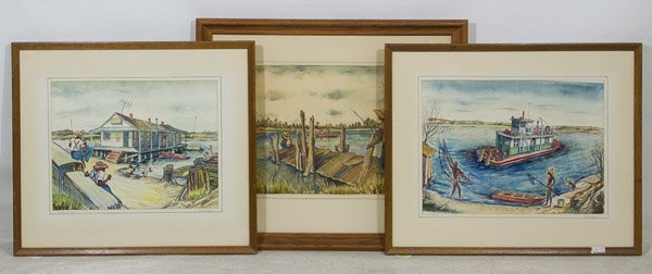 Byron Ward (American, 20th Century) Watercolors on: Byron Ward (American, 20th Century) Watercolors on Paper Three paintings including 'River Scene,' 'Tug Boat' and 'Fishing Hole' Height: 13.00 inches, Width: 17.75 inches (Tug Boat) Category: Fine Art 