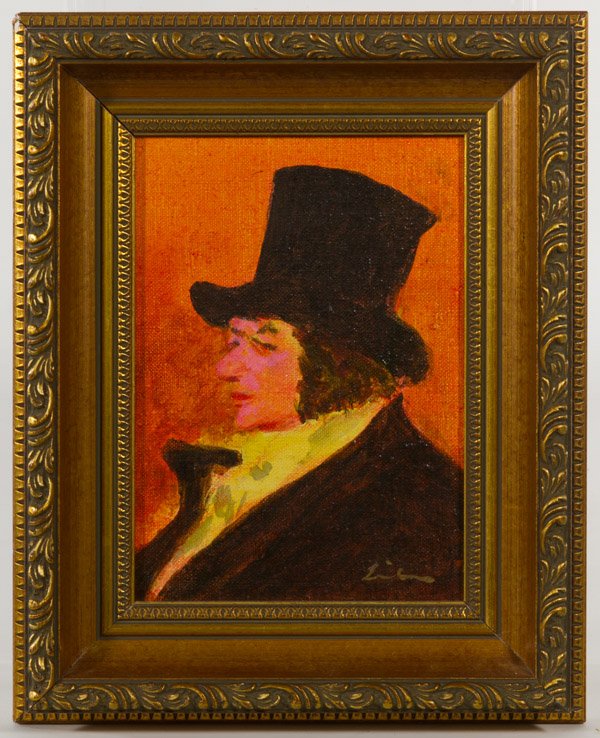 Gustav Likan (Yugoslavian, 1912-1998) 'Man with Top: Gustav Likan (Yugoslavian, 1912-1998) 'Man with Top Hat' Acrylic on Canvas Undated, signed lower right corner, depicting a side portrait of a man in a top hat; COA en verso from Merrill Chase Height: