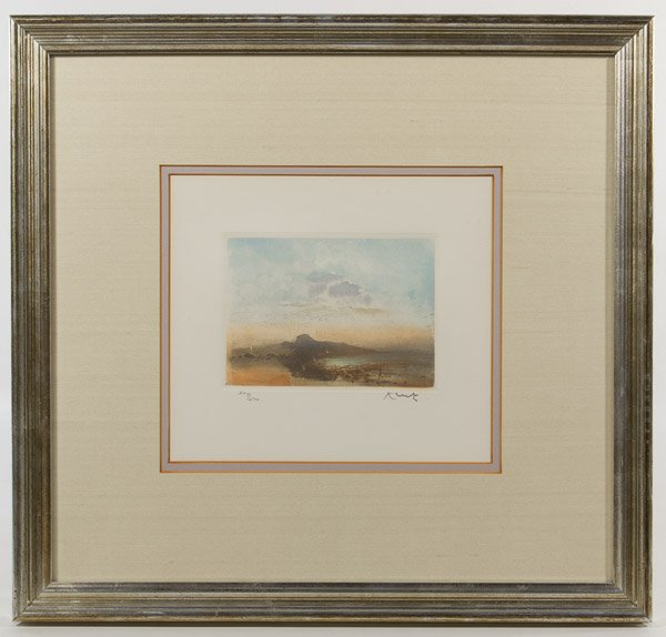 Kaiko Moti (India, 1921-1989) 'Hidden Cove' Etching: Kaiko Moti (India, 1921-1989) 'Hidden Cove' Etching 1988, signed lower right, numbered 304/500, depicting a seascape near mountains; Renaissance Fine Arts certificate of authenticity en verso Height: