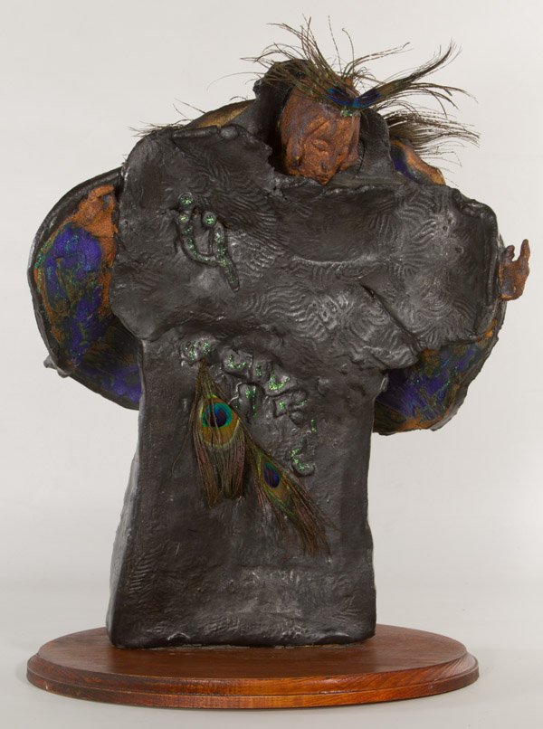 Unknown Artist (20th Century) 'Spirit' Terra Cotta: Unknown Artist (20th Century) 'Spirit' Terra Cotta Sculpture c.1980, unsigned, depicting a female figure with black cloak, a peacock feather bustle and outstretched hands Height: 16.00 inches, Width: 