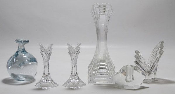 Crystal Decorative Object Assortment: Crystal Decorative Object Assortment Six items including three single candlesticks, a pair of candlesticks and a hand blown blue glass vase Height: 12.00 inches Category: Crystal > Other Shipping Stat